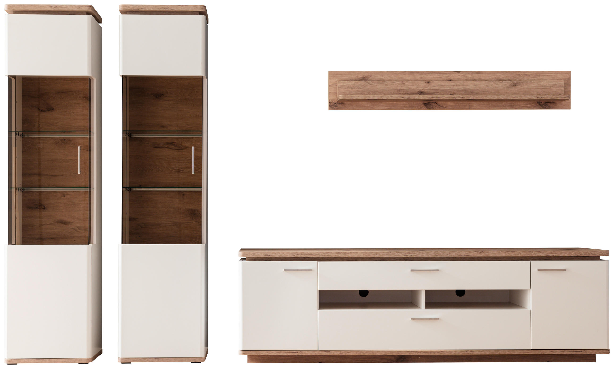 WOHNWAND 4-teilig  in Weiss, Eichefarben 330/208/50 cm  - Weiss/Eichefarben, Design, Glas/Holzwerkstoff (330/208/50cm) - Livetastic
