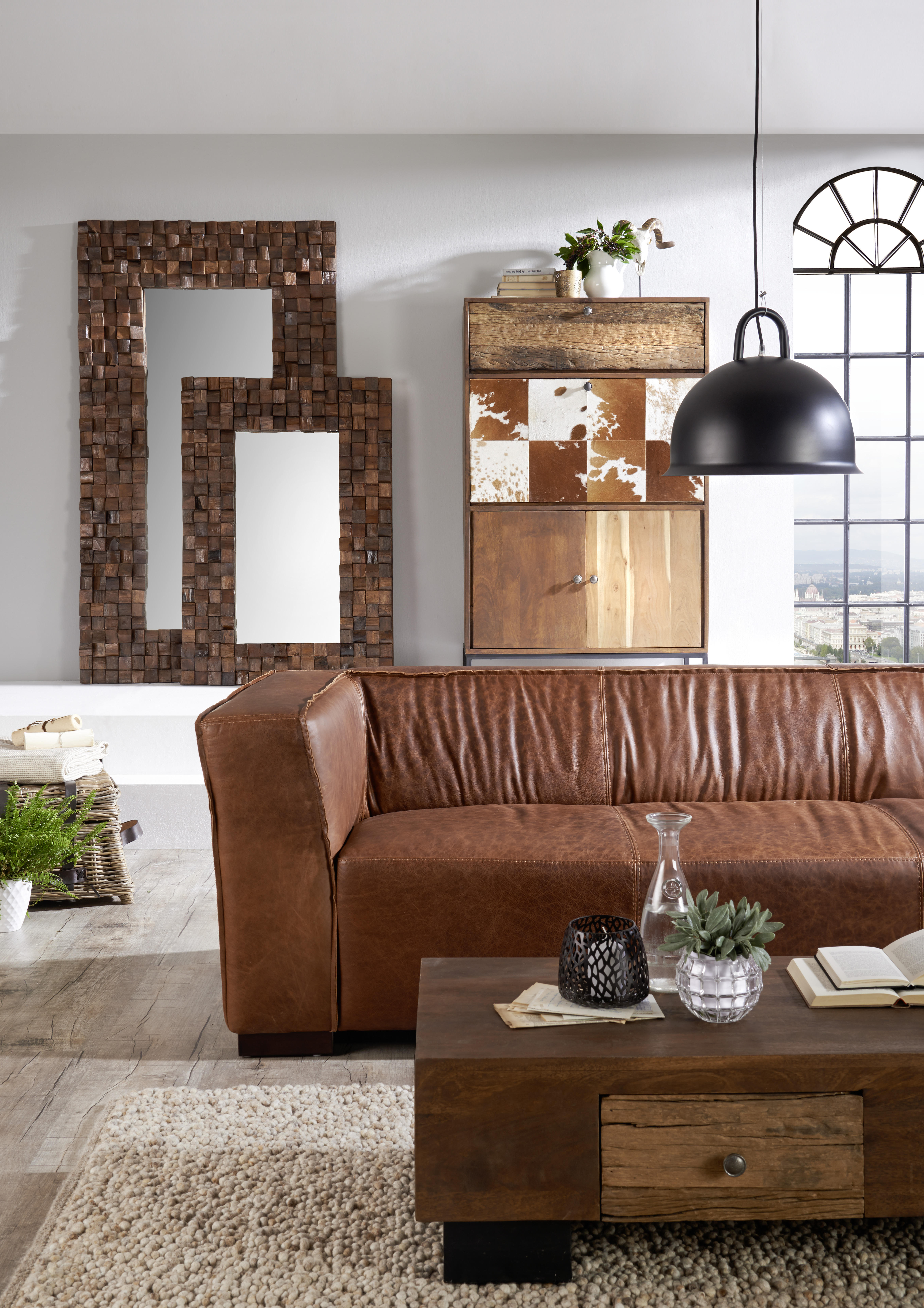 POHOVKA, hnedá, pravá koža - hnedá, Trend, koža/drevo (228/72/90cm) - Ambia Home
