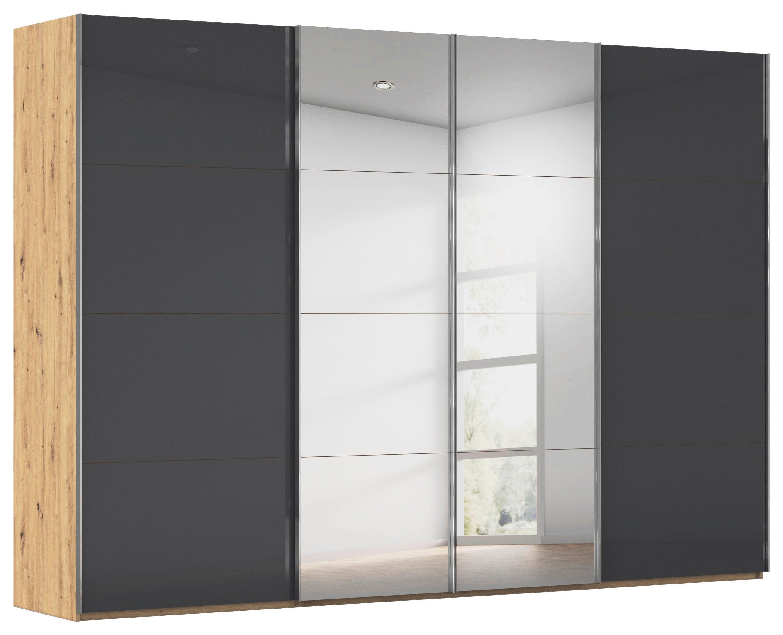 SCHWEBETÜRENSCHRANK 316/223/68 cm 4-türig Schwarz, Eiche Artisan  - Chromfarben/Schwarz, Design, Glas/Holzwerkstoff (316/223/68cm) - Novel