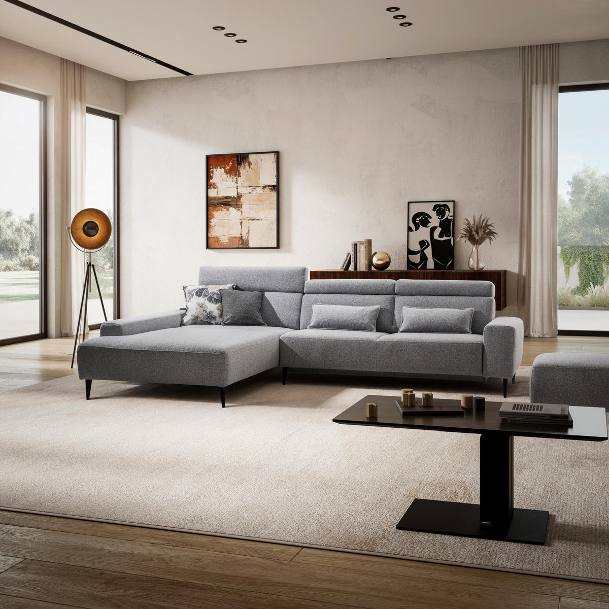 ECKSOFA  in Flachgewebe Grau  205/308 cm  - Schwarz/Grau, Design, Textil/Metall (205/308cm) - Sedda