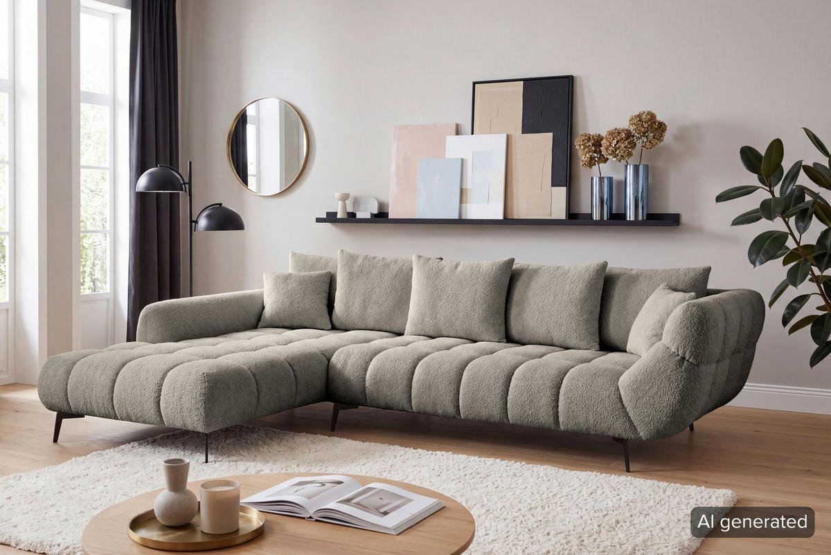 ECKSOFA Graubraun Bouclé Zierkissen, Rückenkissen, Rücken echt  - Graubraun/Schwarz, MODERN, Textil/Metall (217/318cm) - Carryhome