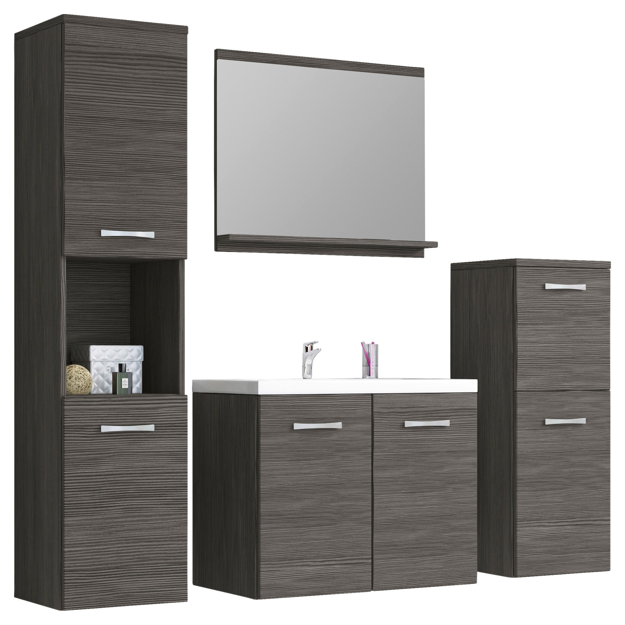 Thumbnail - P & B Badezimmer, Eiche dunkel, Metall, 5-teilig, 2 Fächer, 5 Schublade(n) Schubladen, 120 cm, Fsc, hängend, Spiegel mit...