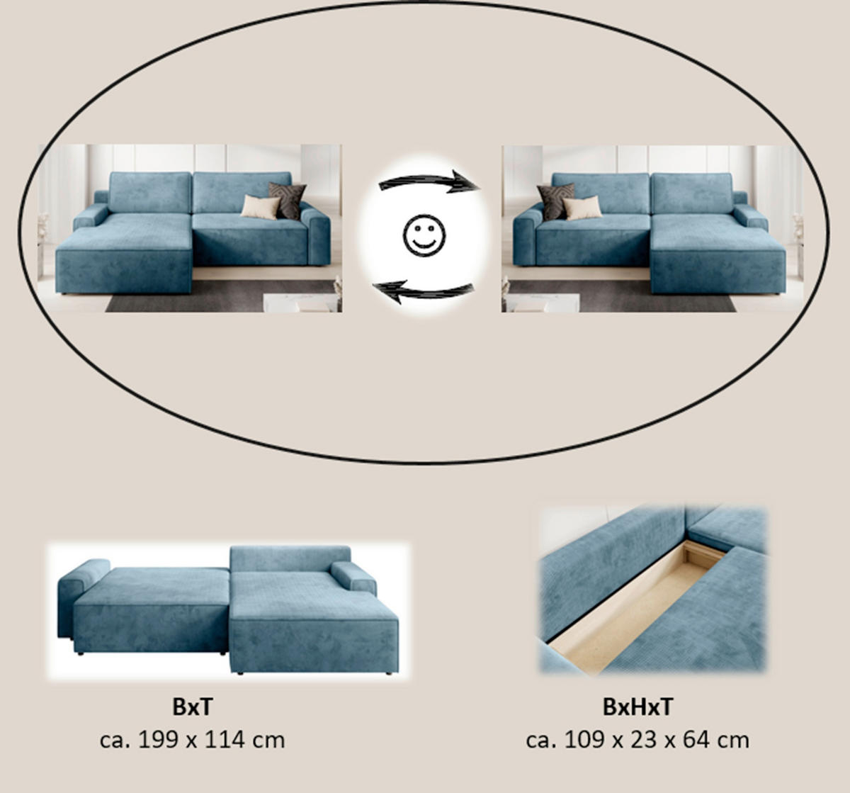ECKSCHLAFSOFA CHALLANGE  mit Schlafen auf Sitzhöhe, Rücken echt, Armteil links, Armteil rechts Cord Blaugrau  - Blaugrau/Schwarz, MODERN, Kunststoff/Textil (246/168cm) - Trendmanufaktur