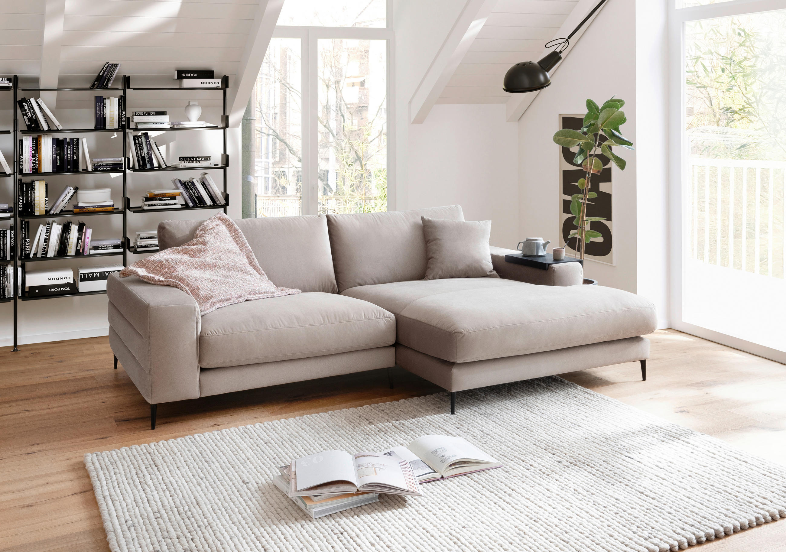 ECKSOFA in Velours Sandfarben  - Sandfarben/Schwarz, Design, Textil/Metall (253/177cm) - Dieter Knoll