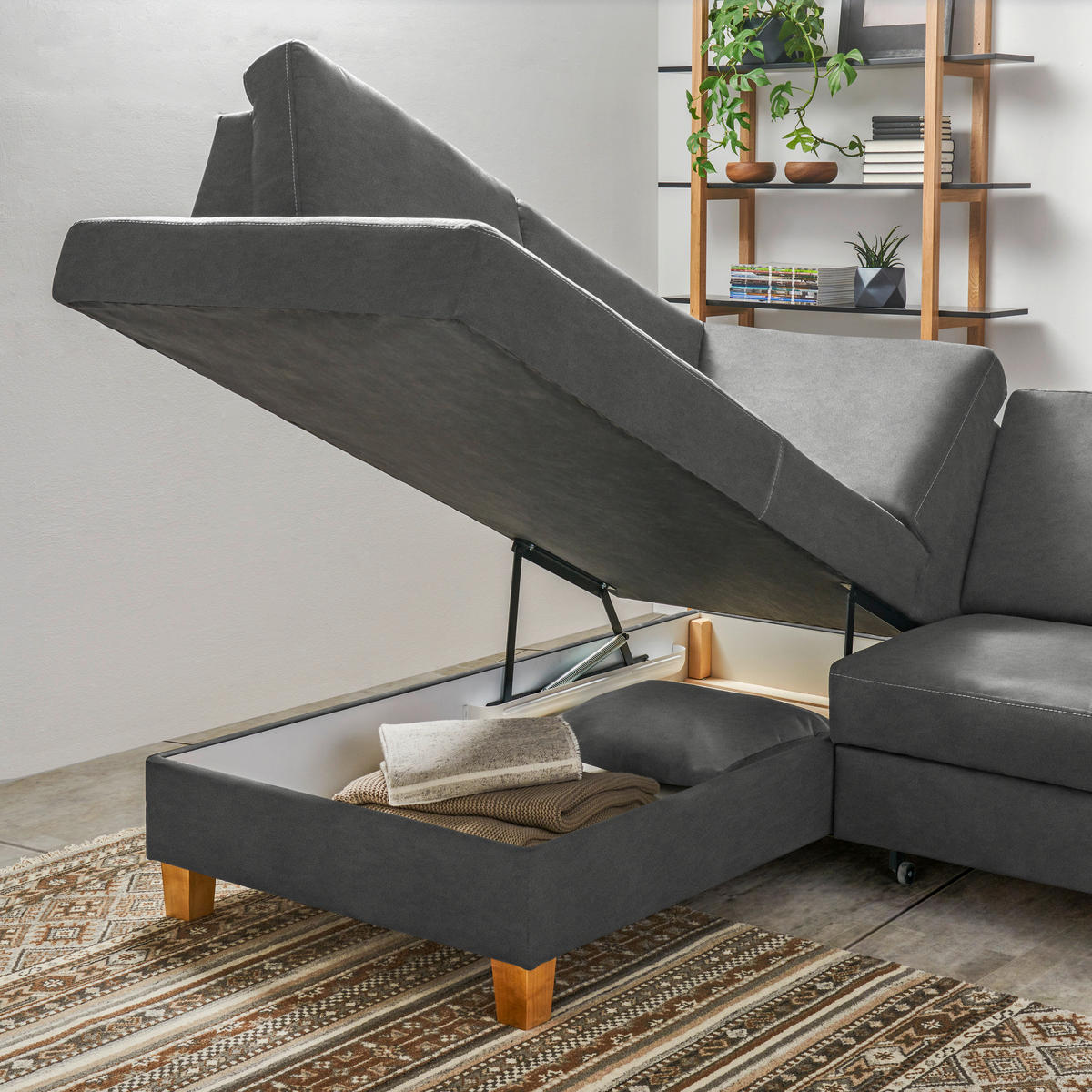 ECKSOFA in Flachgewebe Grau  - Eichefarben/Grau, Design, Holz/Textil (185/253cm) - Cantus