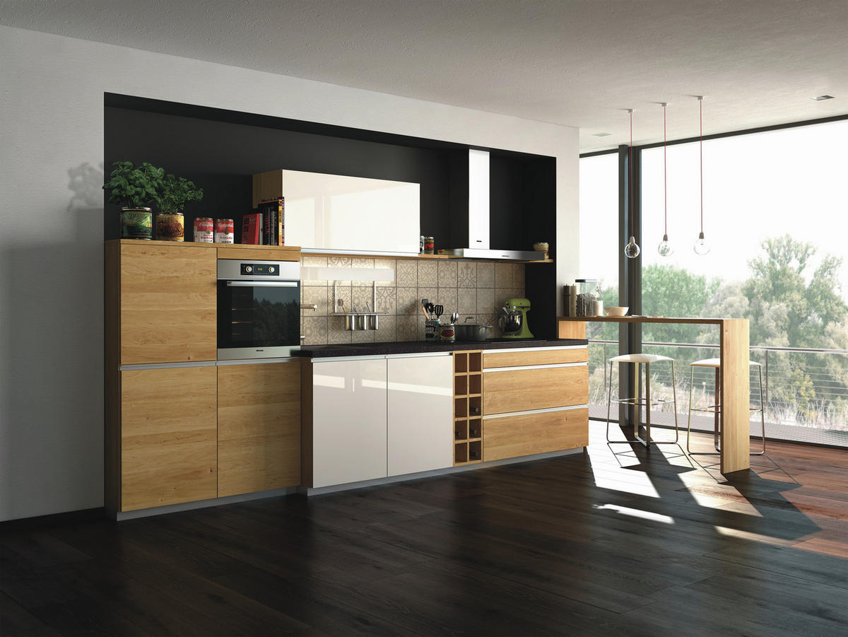 EINBAUKÜCHE   - Erlefarben/Weiß, Natur, Glas/Holz - TEAM 7
