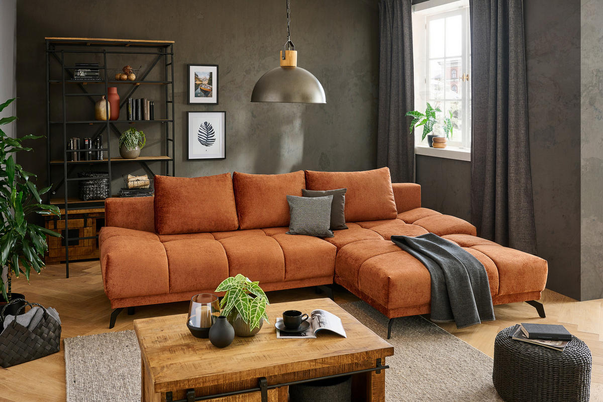 ECKSOFA in Chenille Rostfarben  290/182 cm  - Rostfarben/Schwarz, MODERN, Textil/Metall (290/182cm) - Hom`in