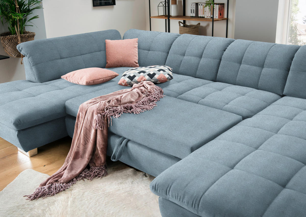 WOHNLANDSCHAFT in Mikrofaser Hellblau  - Chromfarben/Hellblau, Design, Kunststoff/Textil (211/350/204cm) - Xora