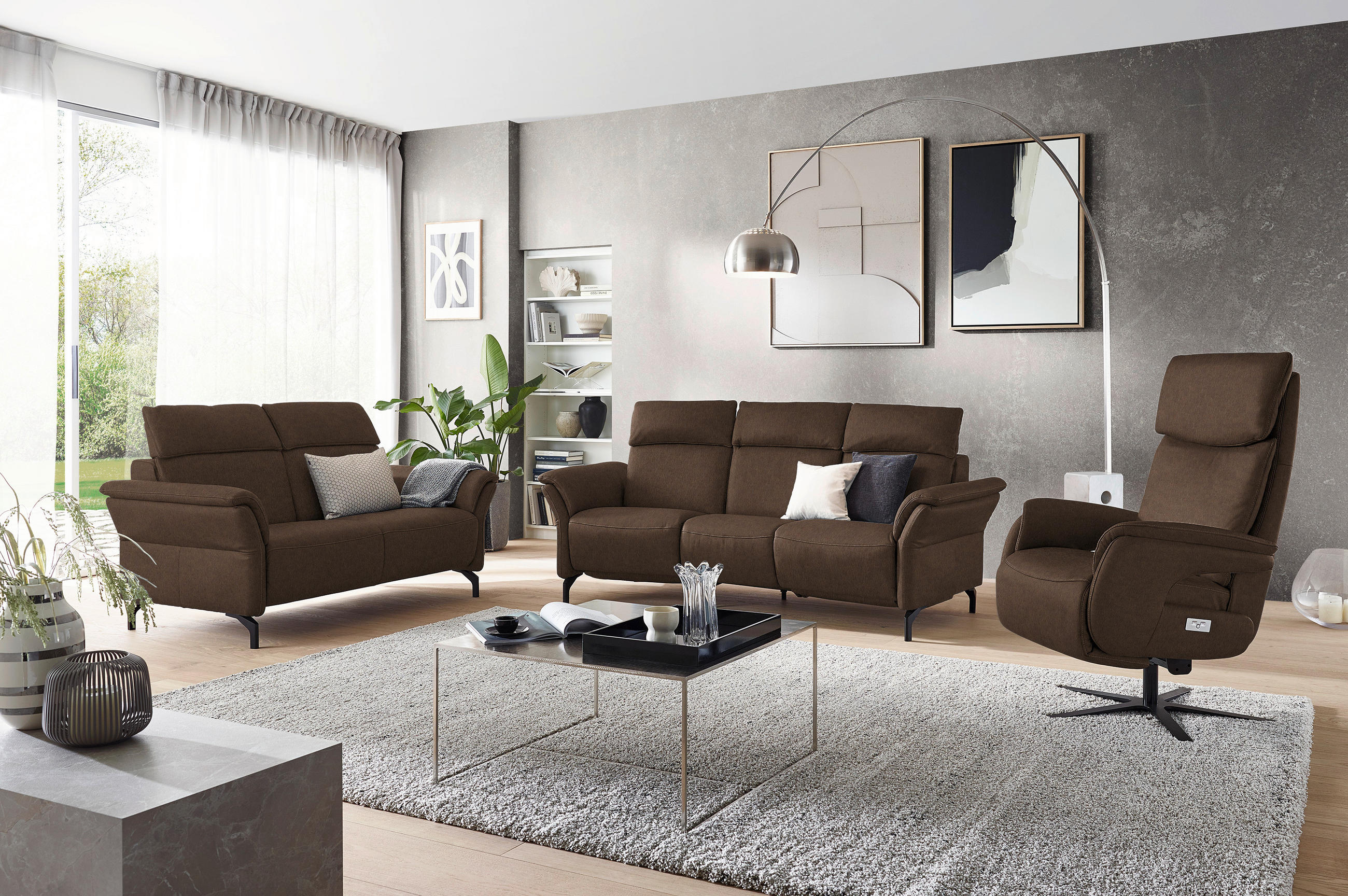 TRAPEZSOFA Echtleder Braun  - Schwarz/Braun, KONVENTIONELL, Leder/Metall (221/103/95cm) - Dieter Knoll