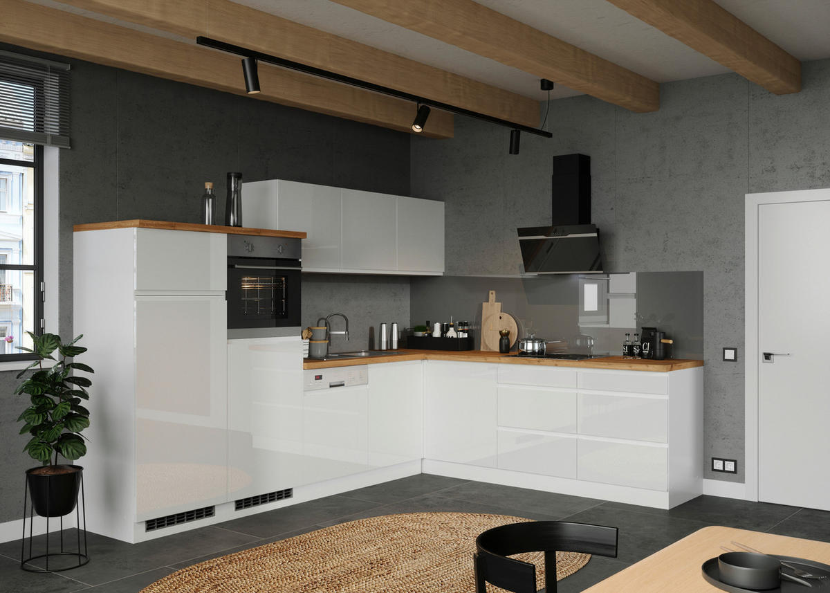 Eckküche Monza mit Geräten 300/240 cm  in Weiss, Eiche Wotan, Weiss Hochglanz  - Weiss Hochglanz/Weiss, Lifestyle, Holzwerkstoff (300/240cm) - Held