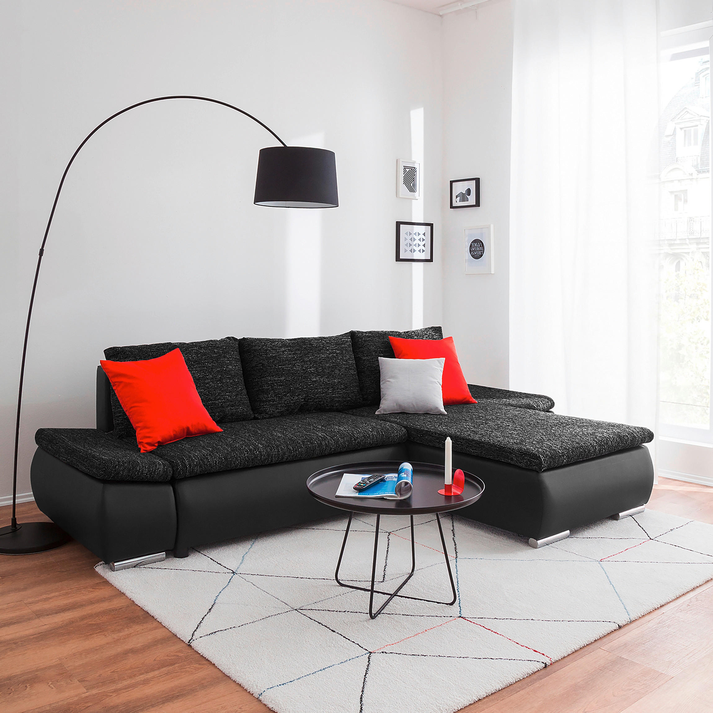 ECKSOFA Schwarz Textilgeflecht  - Chromfarben/Schwarz, Design, Textil (266/175cm) - Livetastic