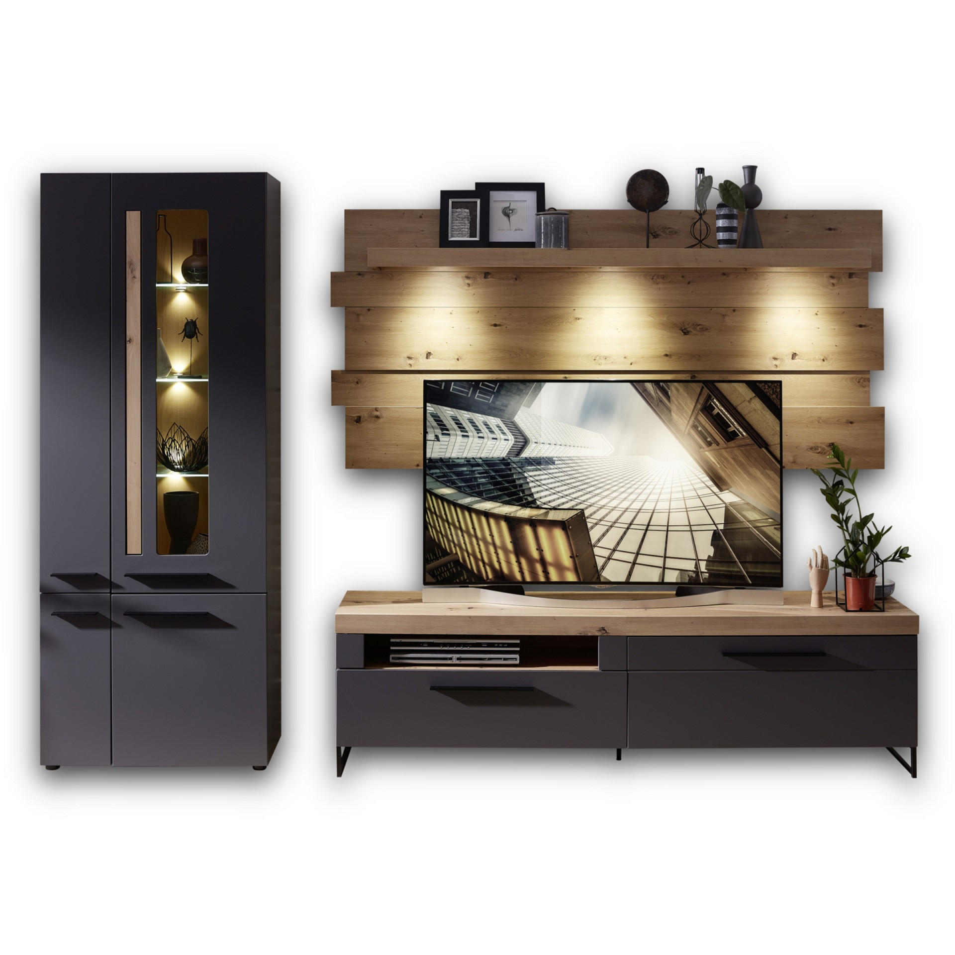 WOHNWAND Graphitfarben, Eichefarben Beleuchtung, Einlegeböden - Eichefarben/Goldfarben, MODERN, Glas/Holzwerkstoff (288/201/44cm) - Livetastic