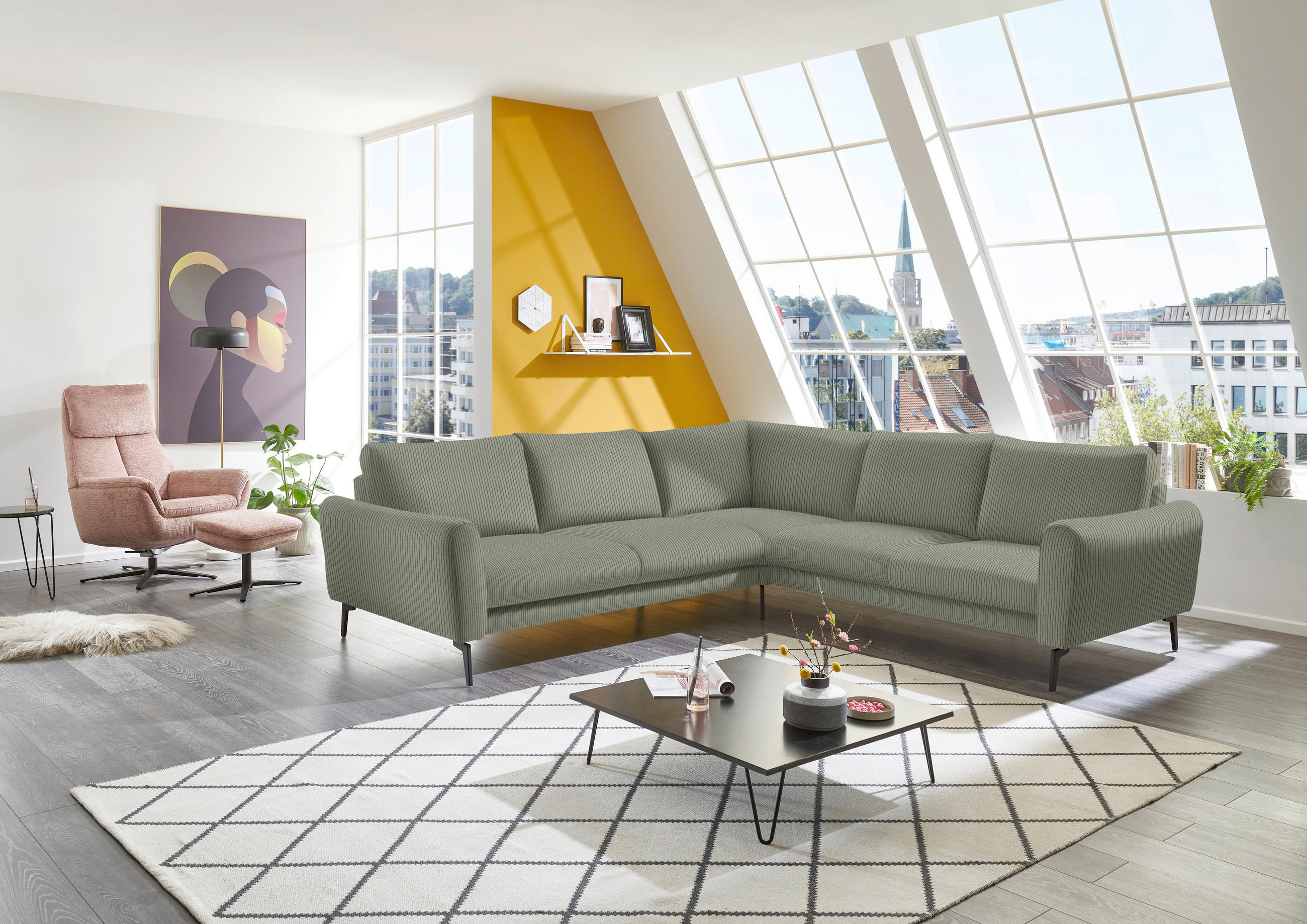 ECKSOFA in Velours, Feincord Braun, Grün  - Schwarz/Braun, Design, Textil/Metall (280/254cm) - Beldomo Style