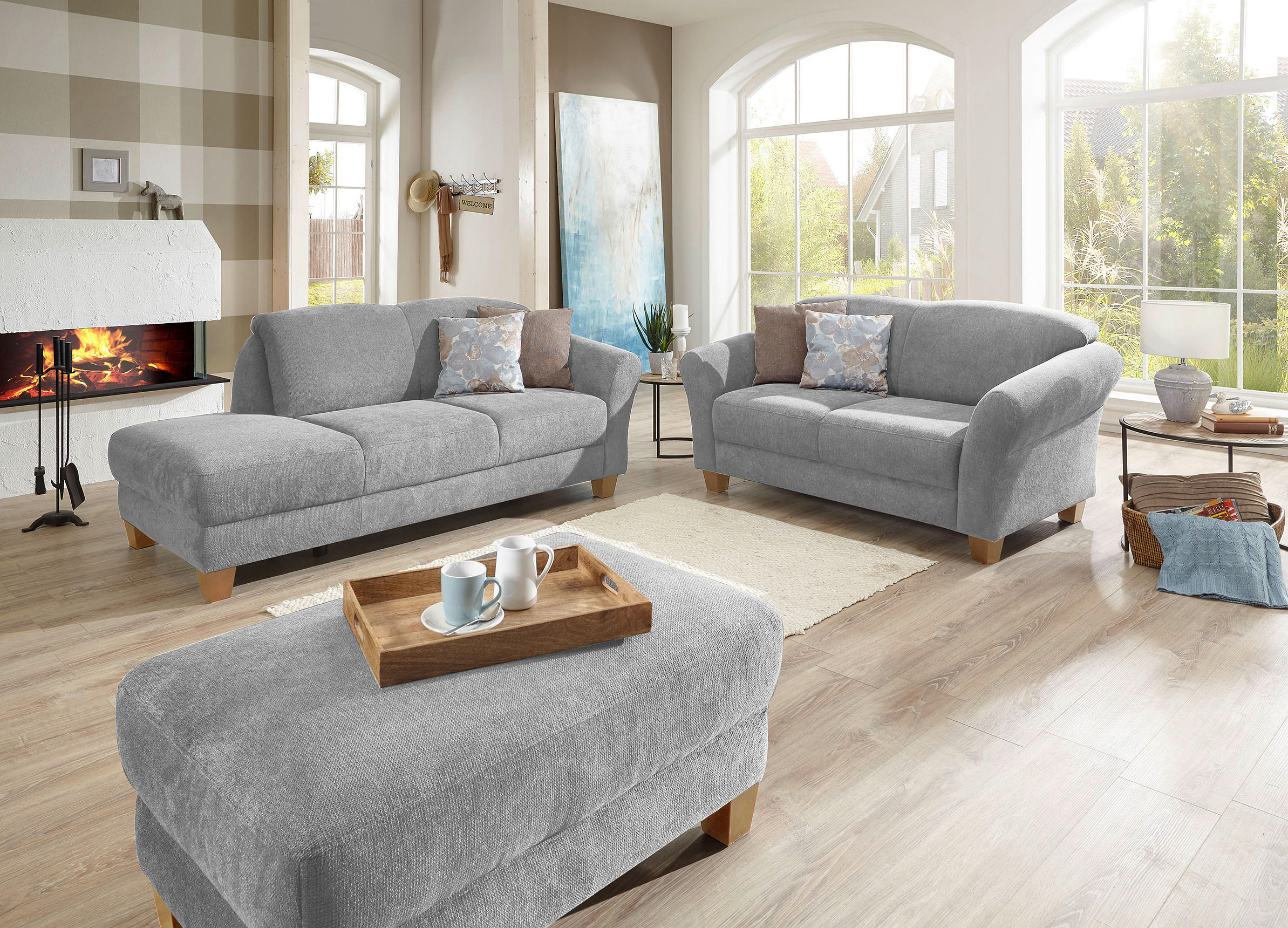 HOCKER in Textil Silberfarben  - Silberfarben/Naturfarben, Konventionell, Holz/Textil (101/45/66cm) - Sit & More