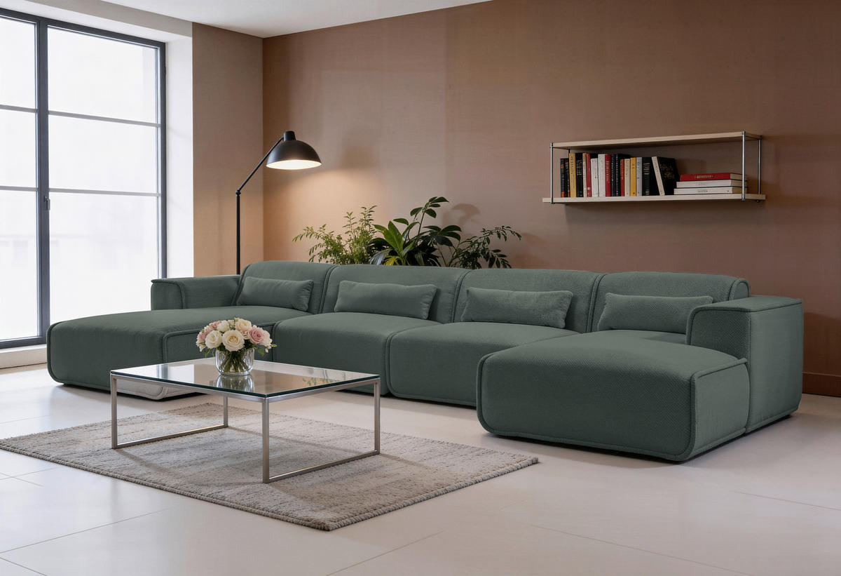 WOHNLANDSCHAFT LOMOCO MATEO Grün Flachgewebe  - Schwarz/Grün, Design, Kunststoff/Textil (165/386/165cm) - Lomoco