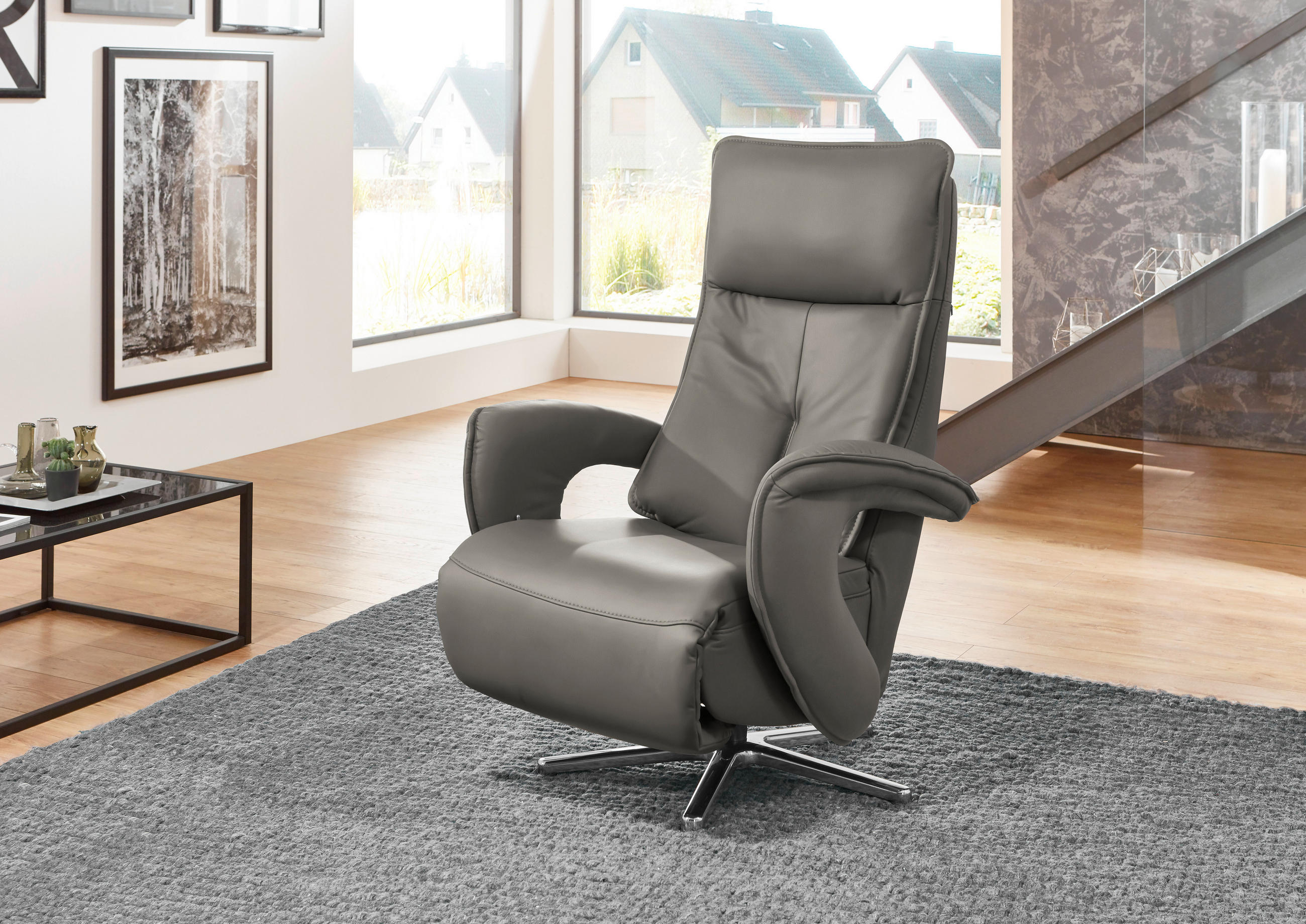 RELAXSESSEL in Leder Hellgrau  - Chromfarben/Hellgrau, Design, Leder/Metall (77/110/87cm) - Valdera