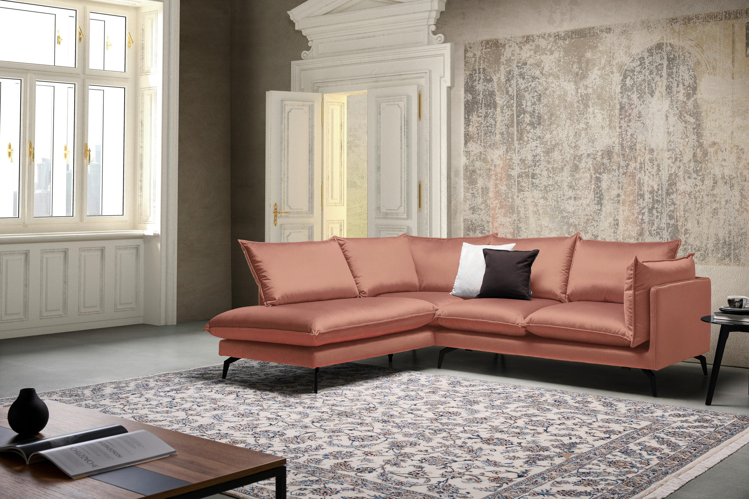 ECKSOFA in Samt Orange  - Schwarz/Orange, Design, Textil/Metall (200/241cm) - Carryhome
