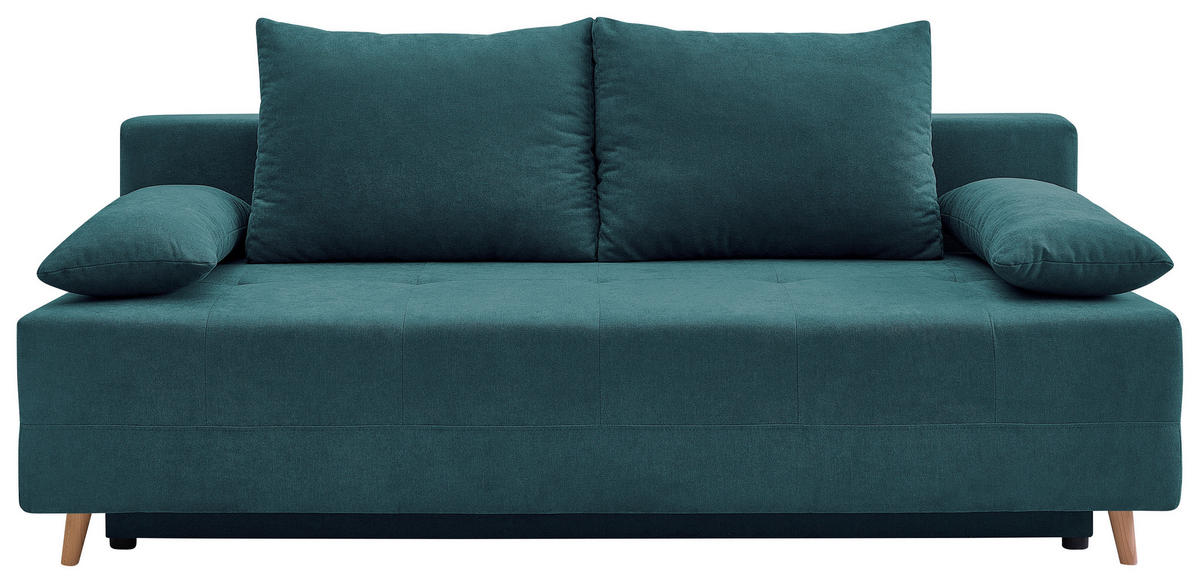 SCHLAFSOFA LUMOS Samt Petrol  inkl. Rückenkissen, Armlehnenkissen, Schlaffunktion, Rücken echt, Stauraum  - Petrol/Naturfarben, Design, Textil (206/96/96cm) - P & B