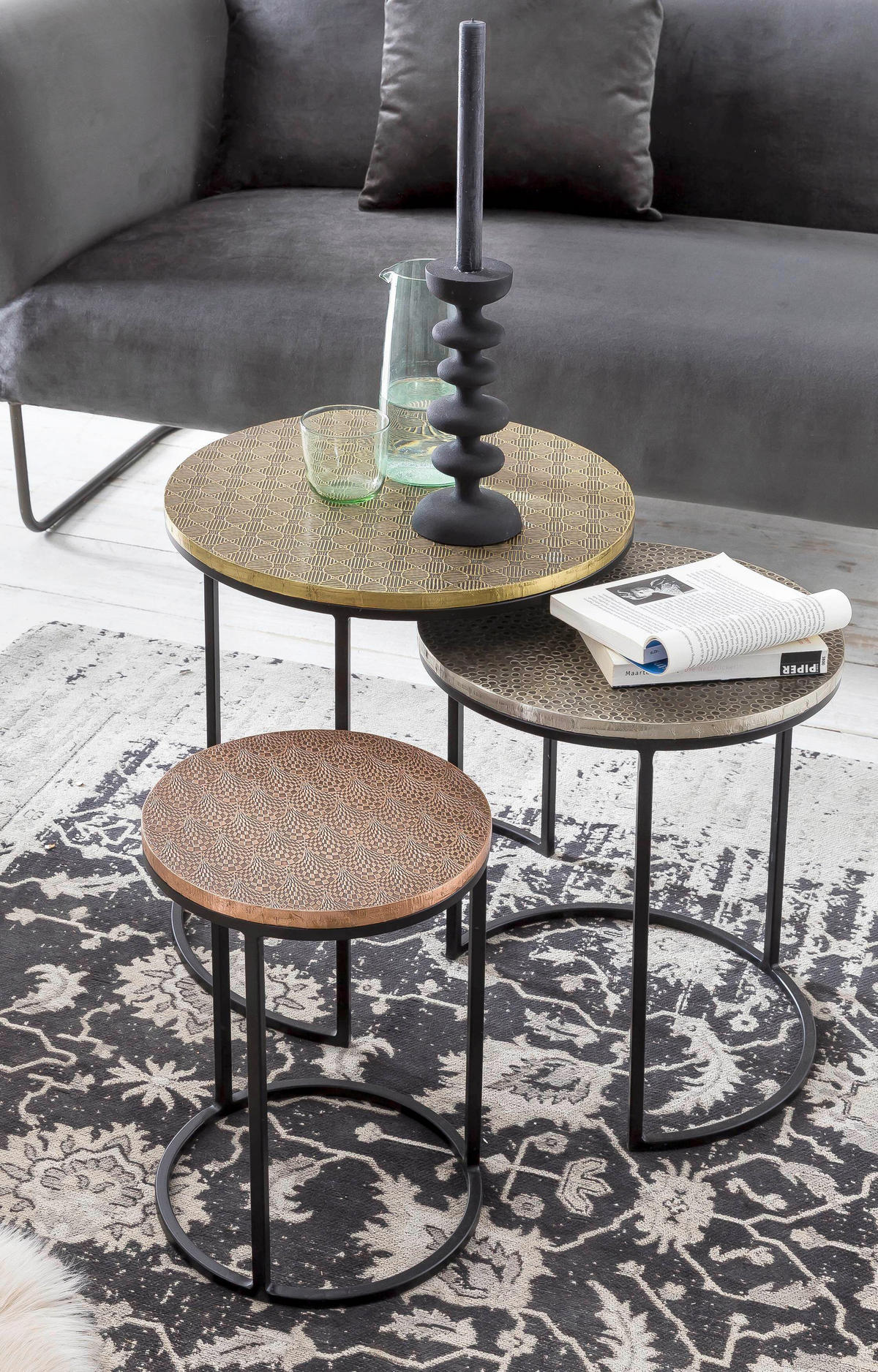 BEISTELLTISCHSET Mangoholz massiv rund Schwarz, Goldfarben, Kupferfarben, Messingfarben  - Messingfarben/Goldfarben, Design, Holz/Holzwerkstoff (45-38-28/45-38-28/49-44-39cm) - MID.YOU