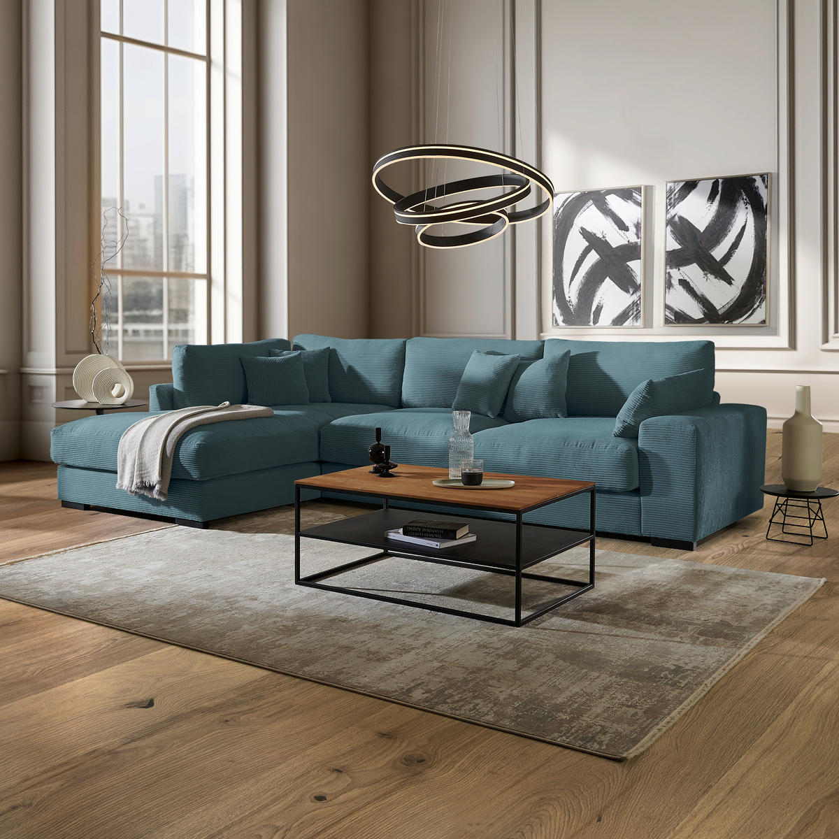 ECKSOFA in Cord Hellblau  - Schwarz/Hellblau, Design, Kunststoff/Textil (205/340cm) - Lomoco