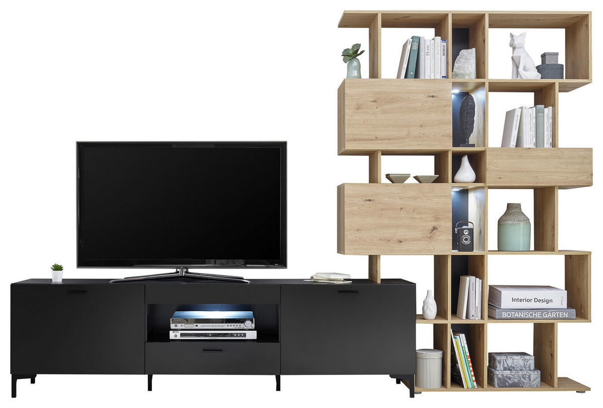 DNEVNI REGAL,  črna, barve hrasta  - črna/barve hrasta, Moderno, umetna masa/leseni material (290/195/40cm) - Ti'me