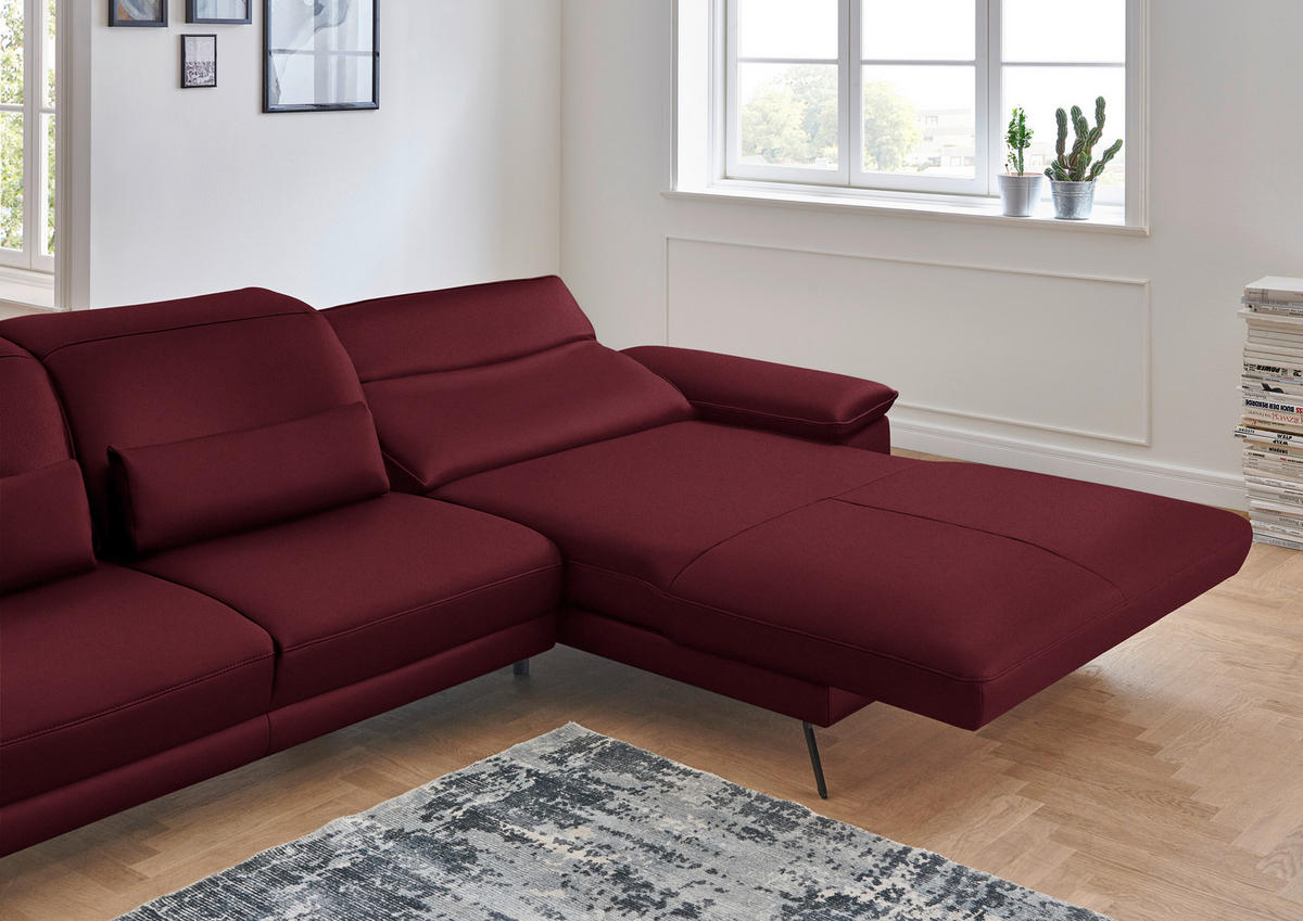 ECKSOFA in Echtleder Weinrot  - Weinrot/Schwarz, Design, Leder/Metall (328/193cm) - Dieter Knoll