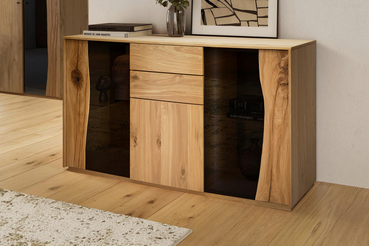 SIDEBOARD 137,7/79,3/43,8 cm  - Wildeiche/Grau, MODERN, Glas/Holz (137,7/79,3/43,8cm) - Moderano