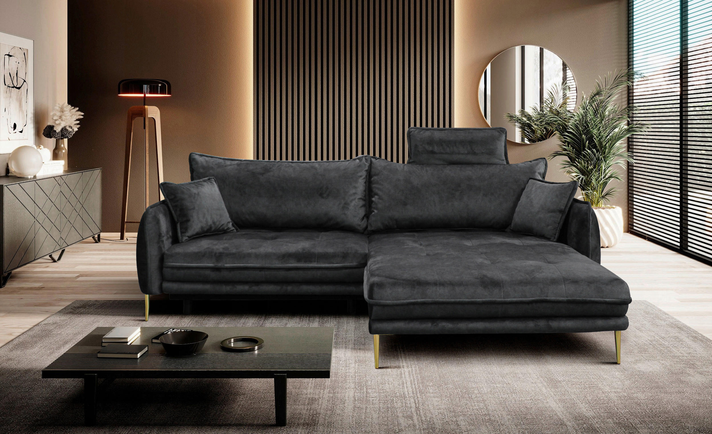 ECKSOFA Anthrazit Velours Bettkasten  - Anthrazit/Goldfarben, Design, Textil/Metall (264/196cm) - P & B