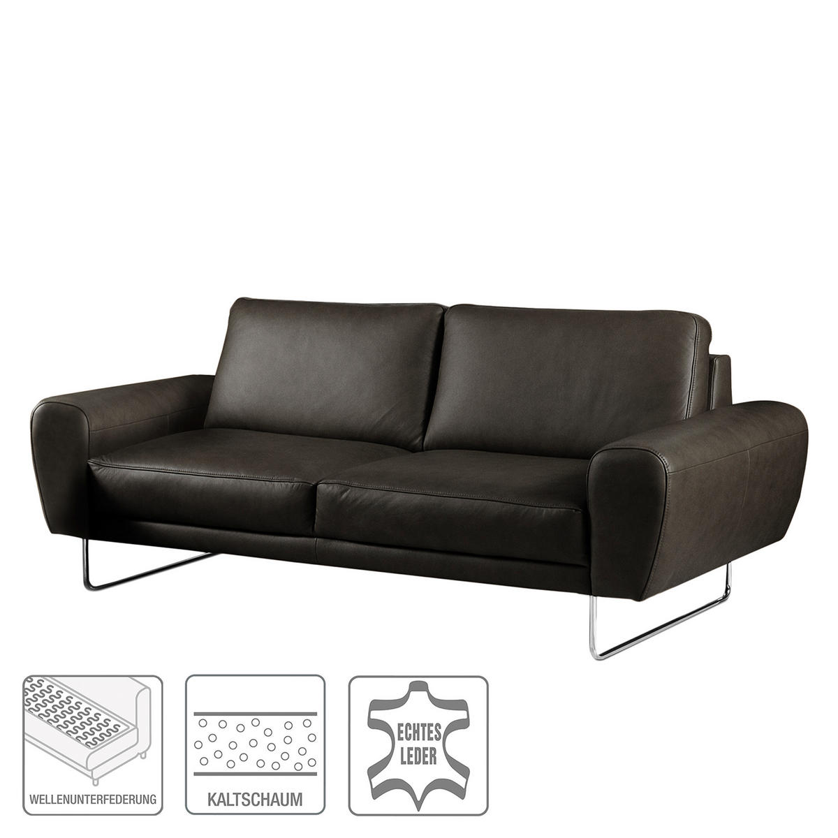 2-SITZER-SOFA in Echtleder Schwarz  - Chromfarben/Schwarz, Design, Leder/Metall (177/85/92cm) - Livetastic