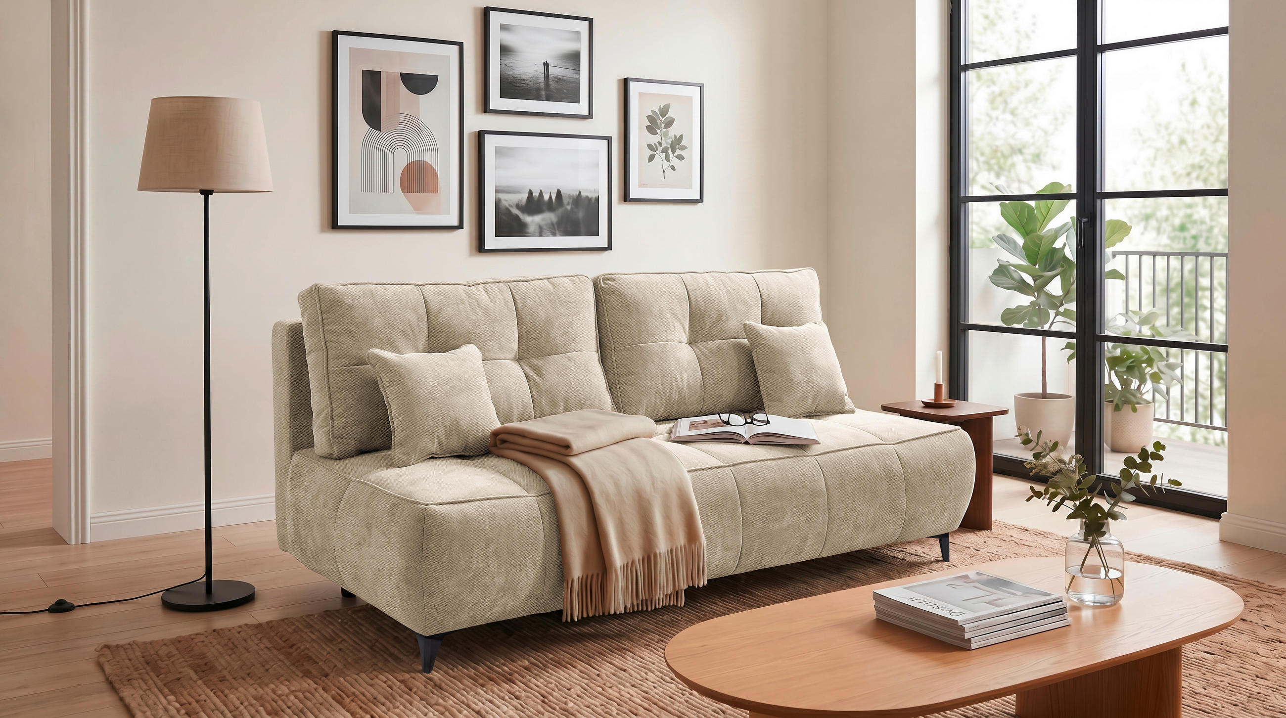 SCHLAFSOFA ELISA Webstoff Beige  inkl. Bettkasten  - Beige/Schwarz, MODERN, Kunststoff/Textil (215/96/106cm) - MID.YOU
