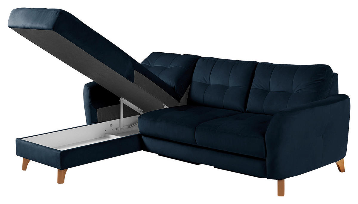 ECKSOFA Dunkelblau Samt Bettkasten, Schlaffunktion, Liegefläche im Originalstoff  - Buchefarben/Dunkelblau, Design, Holz/Textil (168/238cm) - Livetastic
