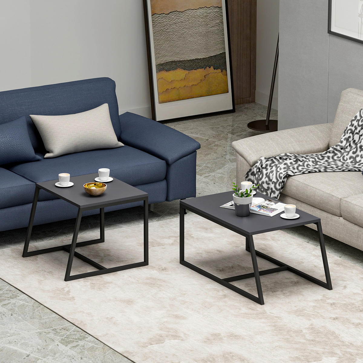 COUCHTISCHSET Minimal Couchtisch Anthrazit  - Anthrazit/Schwarz, Design, Holzwerkstoff/Metall - Livetastic