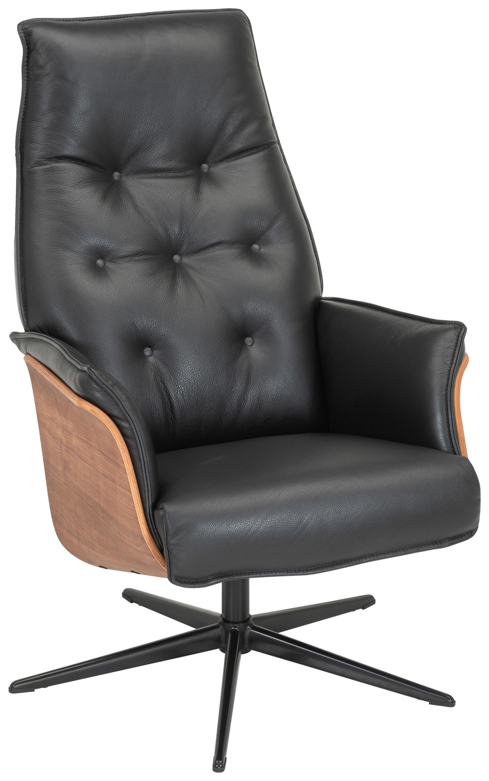 RELAXFÅTÖLJ i trä, metall, läder svart, nötfärg  - nötfärg/svart, Klassisk, metall/läder (66/101/81cm) - Welnova