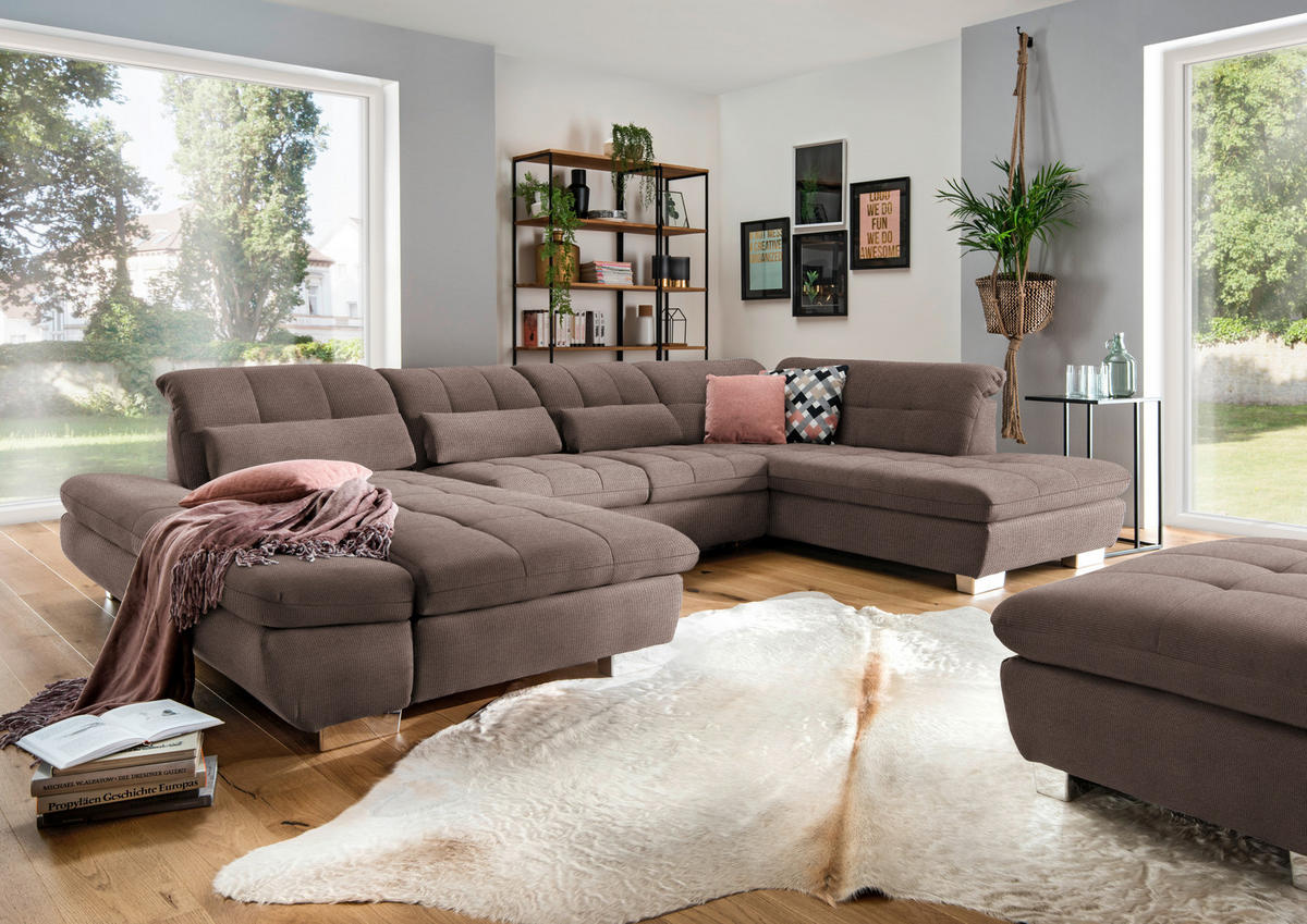 WOHNLANDSCHAFT in Mikrofaser Hellbraun  - Chromfarben/Hellbraun, Design, Kunststoff/Textil (204/350/211cm) - Xora