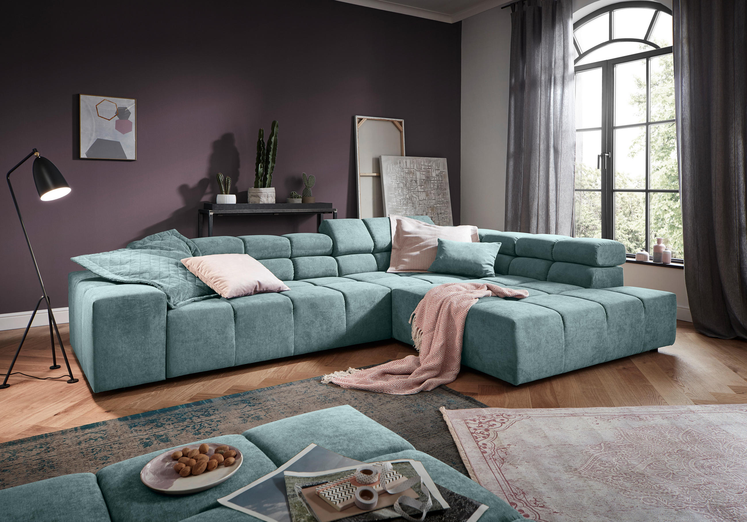 ECKSOFA in Velours Blau  - Blau/Schwarz, Design, Kunststoff/Textil (317/213cm) - Hom`in