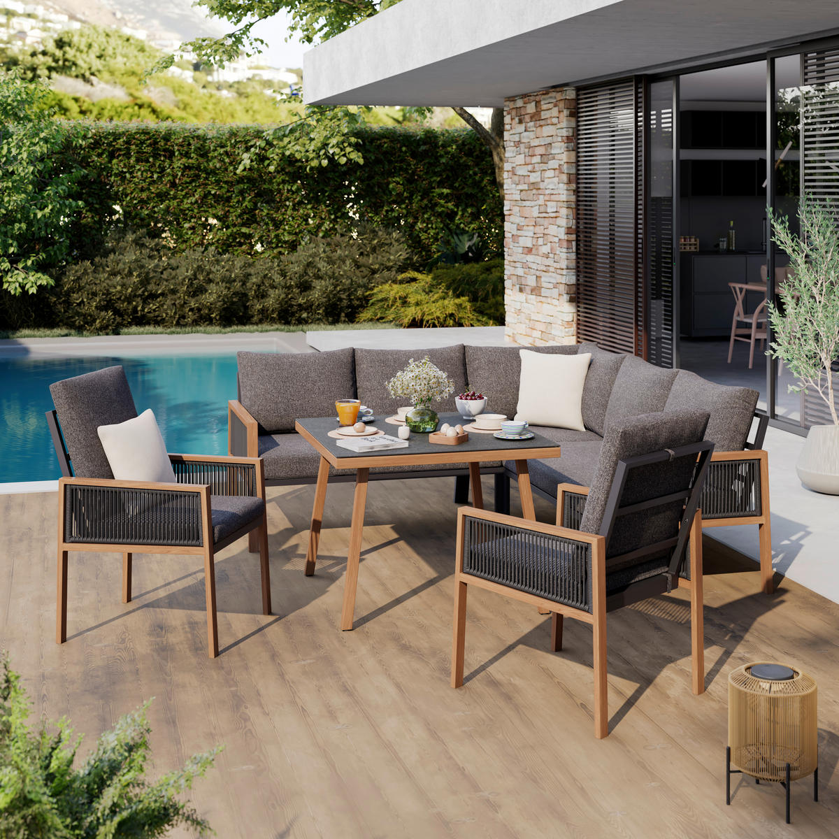 DINING-LOUNGESET  6 pièces  - couleur écru/anthracite, Modern, métal/verre (202.5/74/80cm) - Ambia Garden