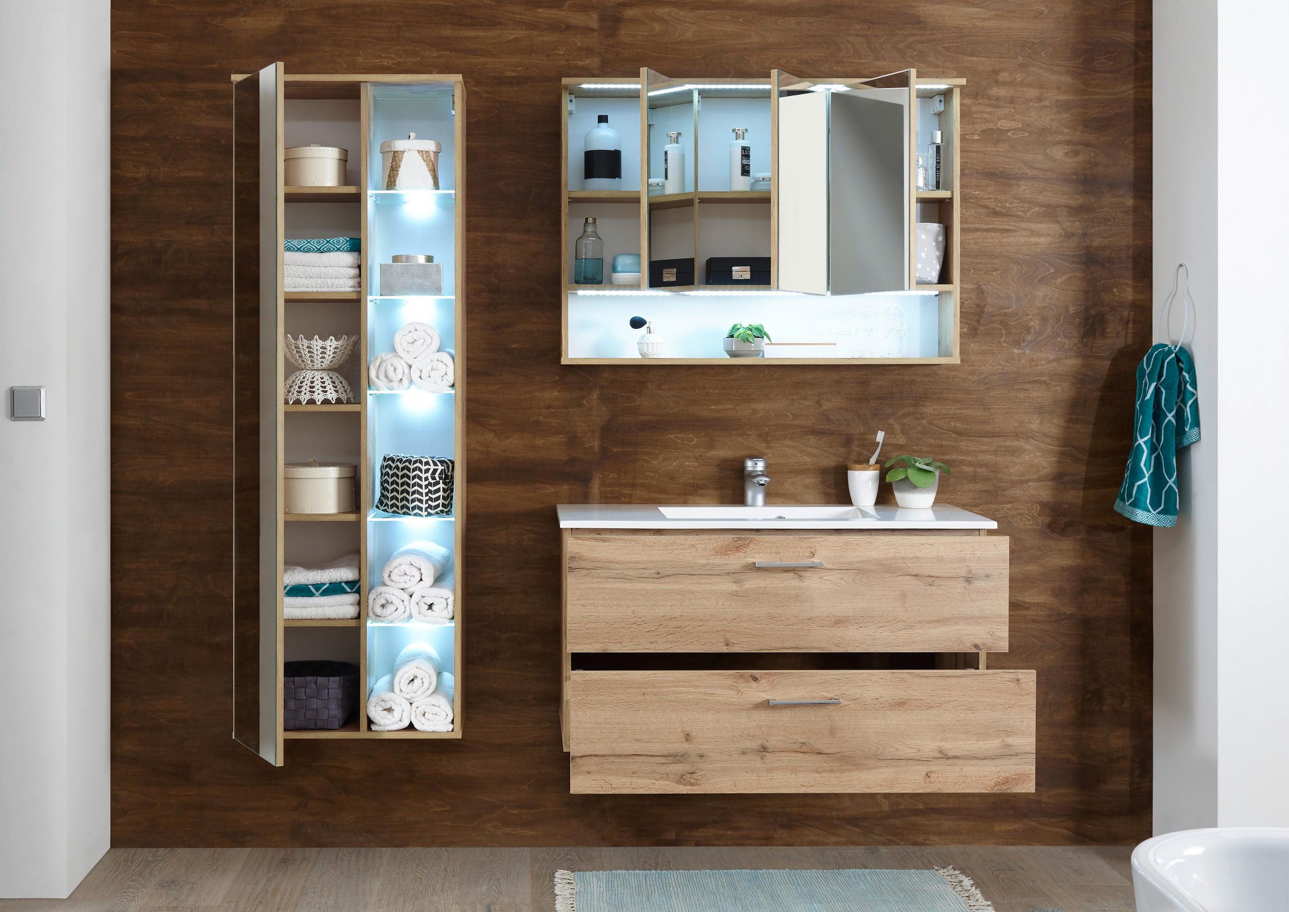 KOMBINOVANI UGRADNI UMIVAONIK boja hrasta - boja hrasta/bela, Moderno, kamen/pločasti materijal (99cm) - Xora