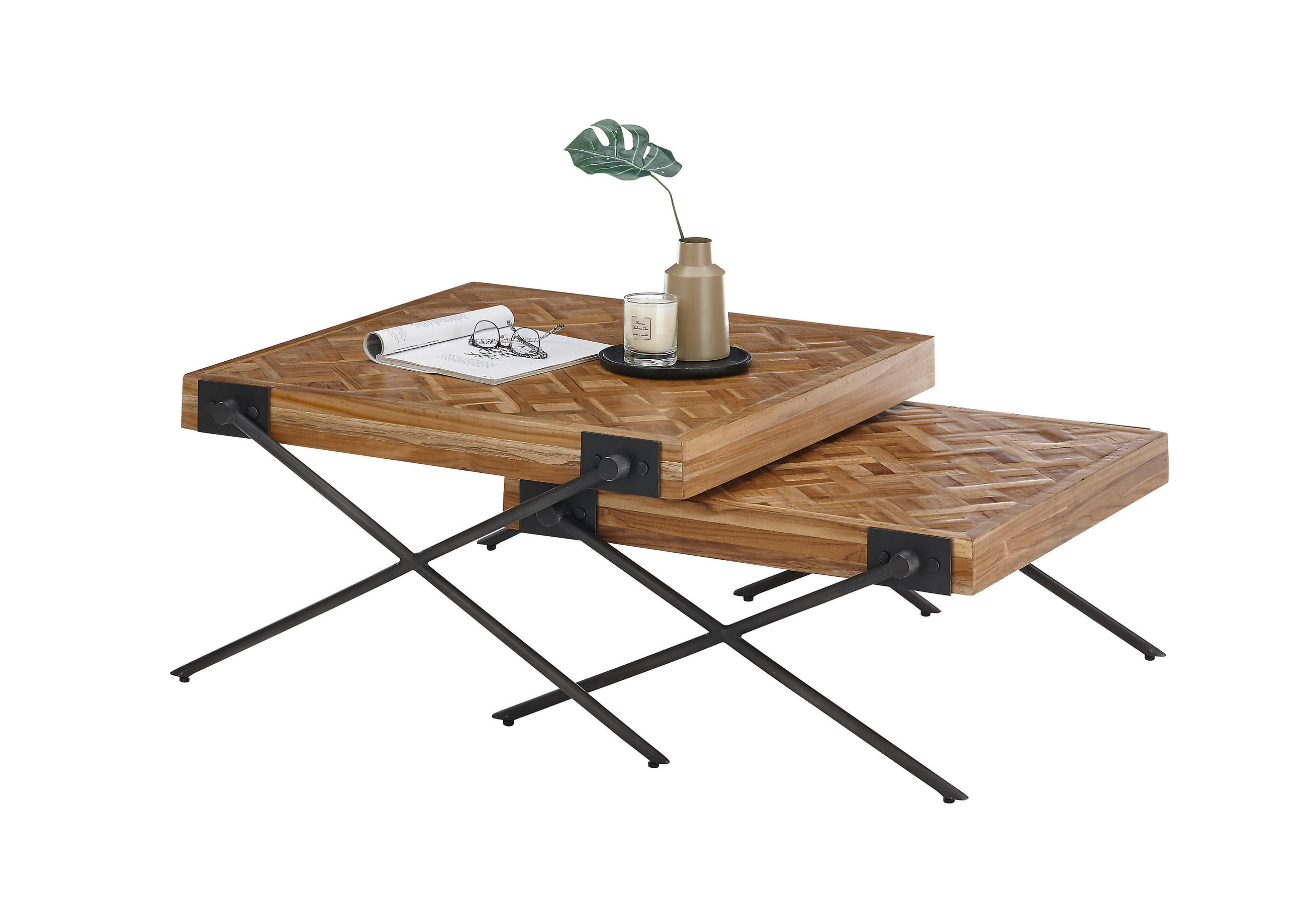 COUCHTISCHSET Teakholz massiv quadratisch Schwarz, Teakfarben  - Schwarz/Teakfarben, Design, Holz/Metall (80/43/80cm) - MID.YOU