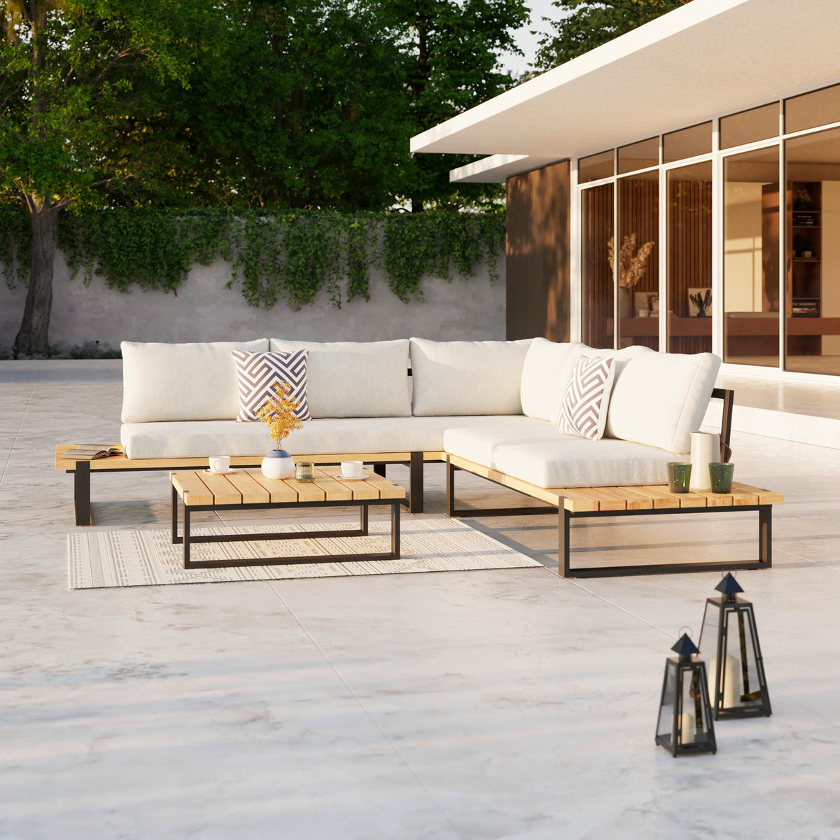 LOUNGE GARNITURA   drvo, metal, tekstil  crna, boje tikovine    - boje tikovine/crna, Moderno, drvo/metal (253/254cm) - Ambia Garden