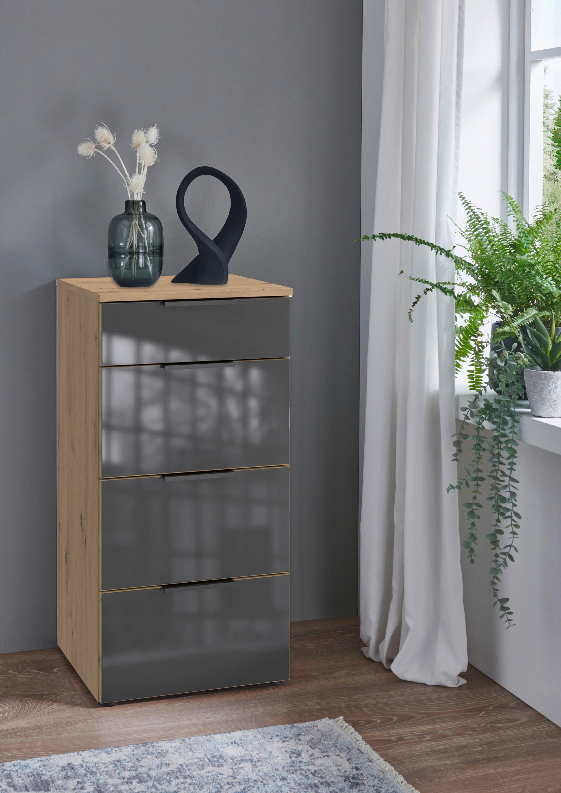 KOMMODE 41/84/41 cm  in Grau, Eiche Artisan  - Schwarz/Eiche Artisan, Design, Glas/Holzwerkstoff (41/84/41cm) - Hom`in