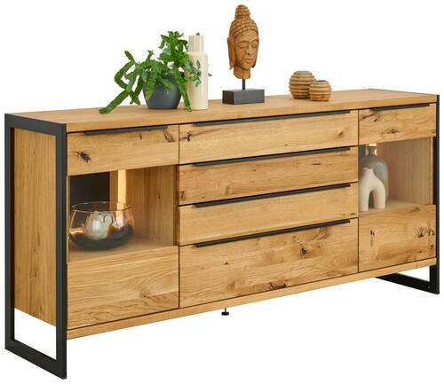 SIDEBOARD Schwarz, Eichefarben  180,4/85/42 cm  - Eichefarben/Schwarz, Natur, Glas/Holz (180,4/85/42cm) - Linea Natura