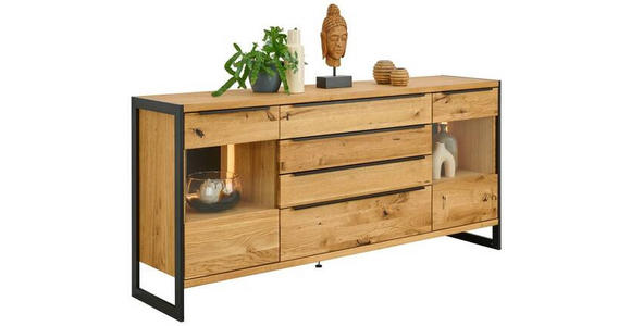 SIDEBOARD furniert, massiv Schwarz, Eichefarben  - Eichefarben/Schwarz, Natur, Glas/Holz (180,4/85/42cm) - Linea Natura