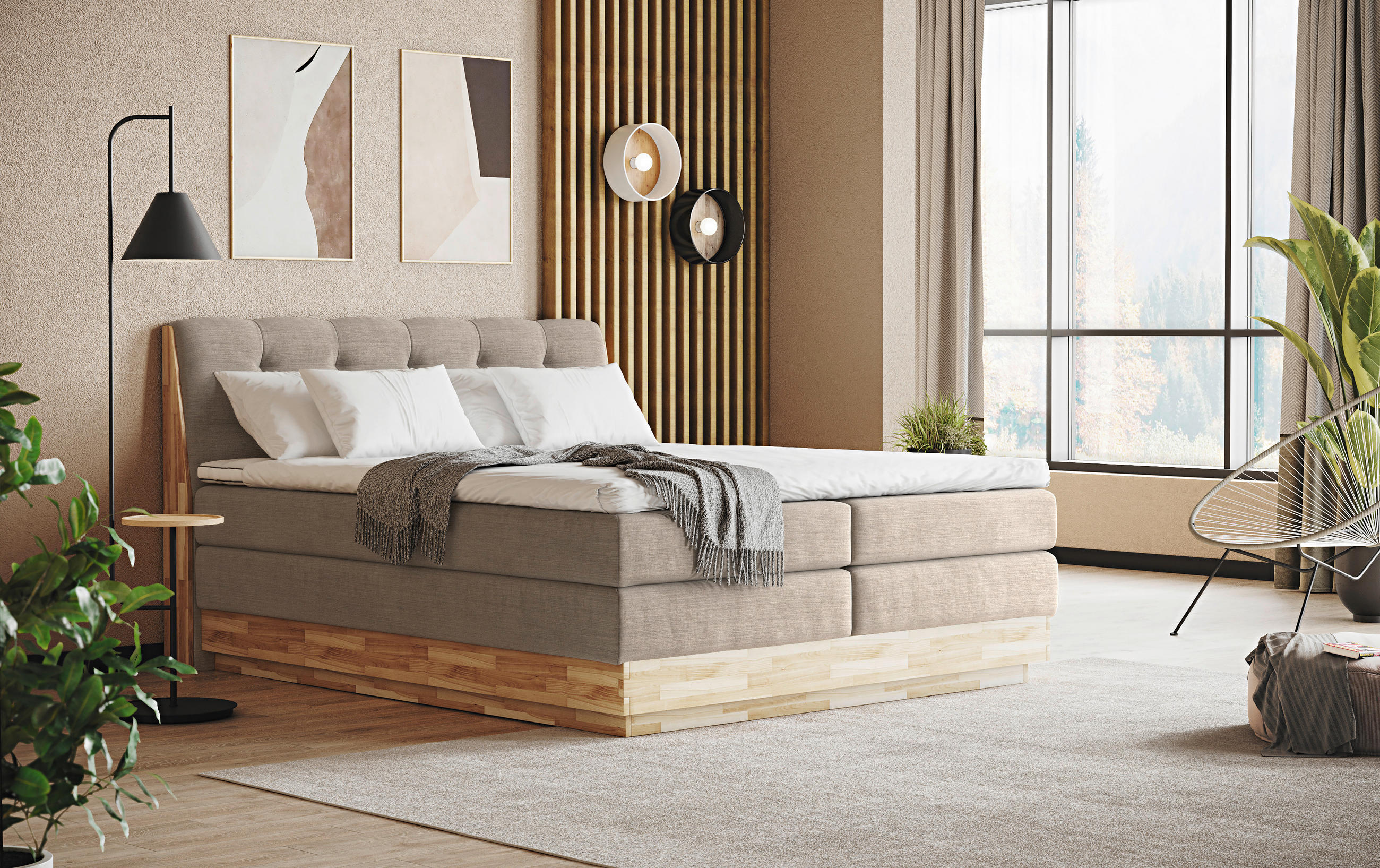BOXSPRINGBETT 160/200 cm  in Creme  - Creme/Schwarz, Natur, Holz/Textil (160/200cm)