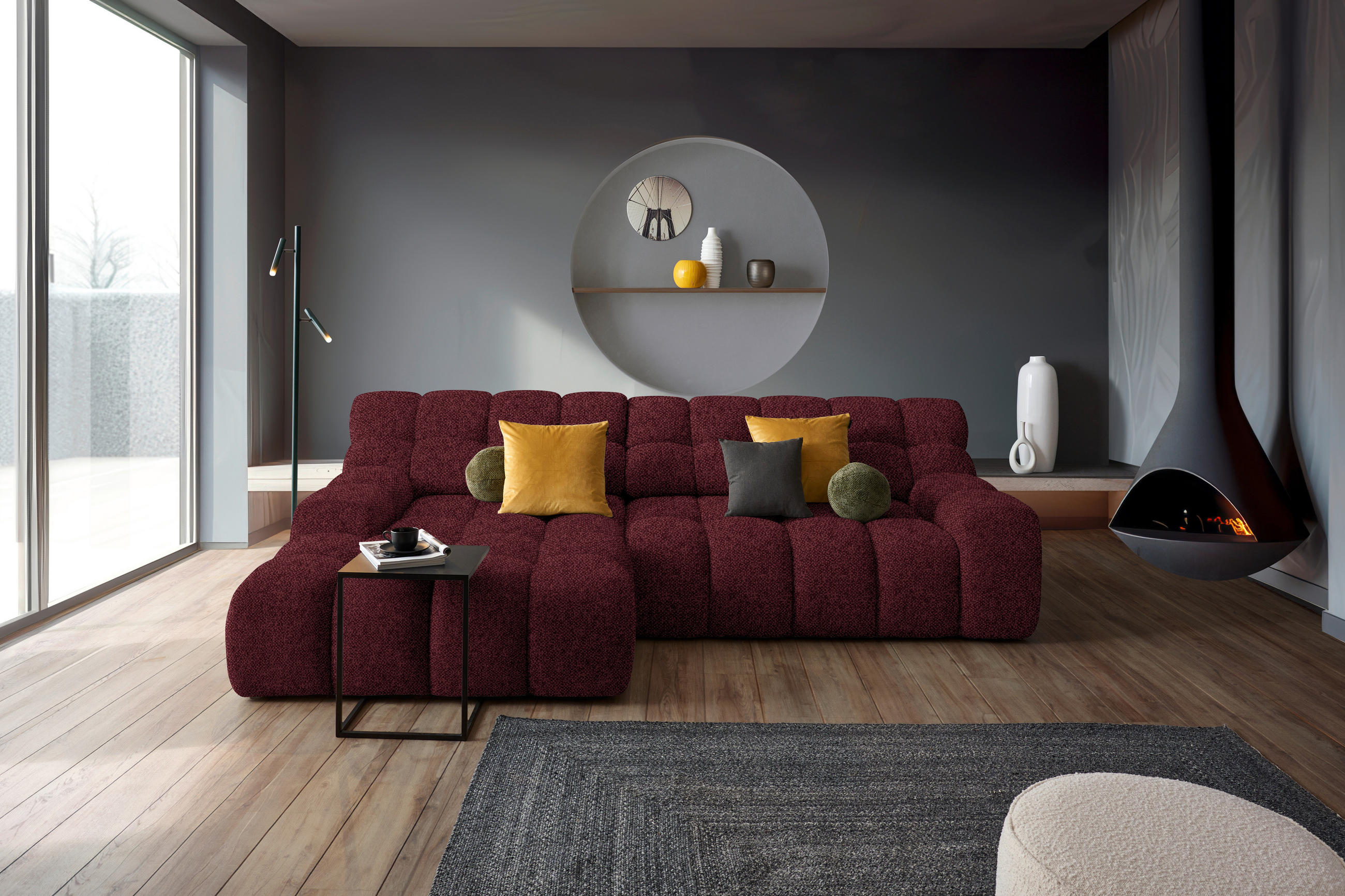 Thumbnail - Welnova Ecksofa, Bordeaux, Textil, 3-Sitzer, Ottomane links, L-Form, 297x180 cm, Fsc, Reach, Made in EU, Stoffauswahl, s...