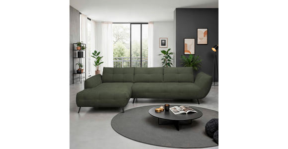 ECKSOFA Dunkelgrün Chenille Armlehnenkissen, Rücken echt, Sitztiefenverstellung  - Dunkelgrün/Schwarz, KONVENTIONELL, Textil/Metall (215/313cm) - Hom`in