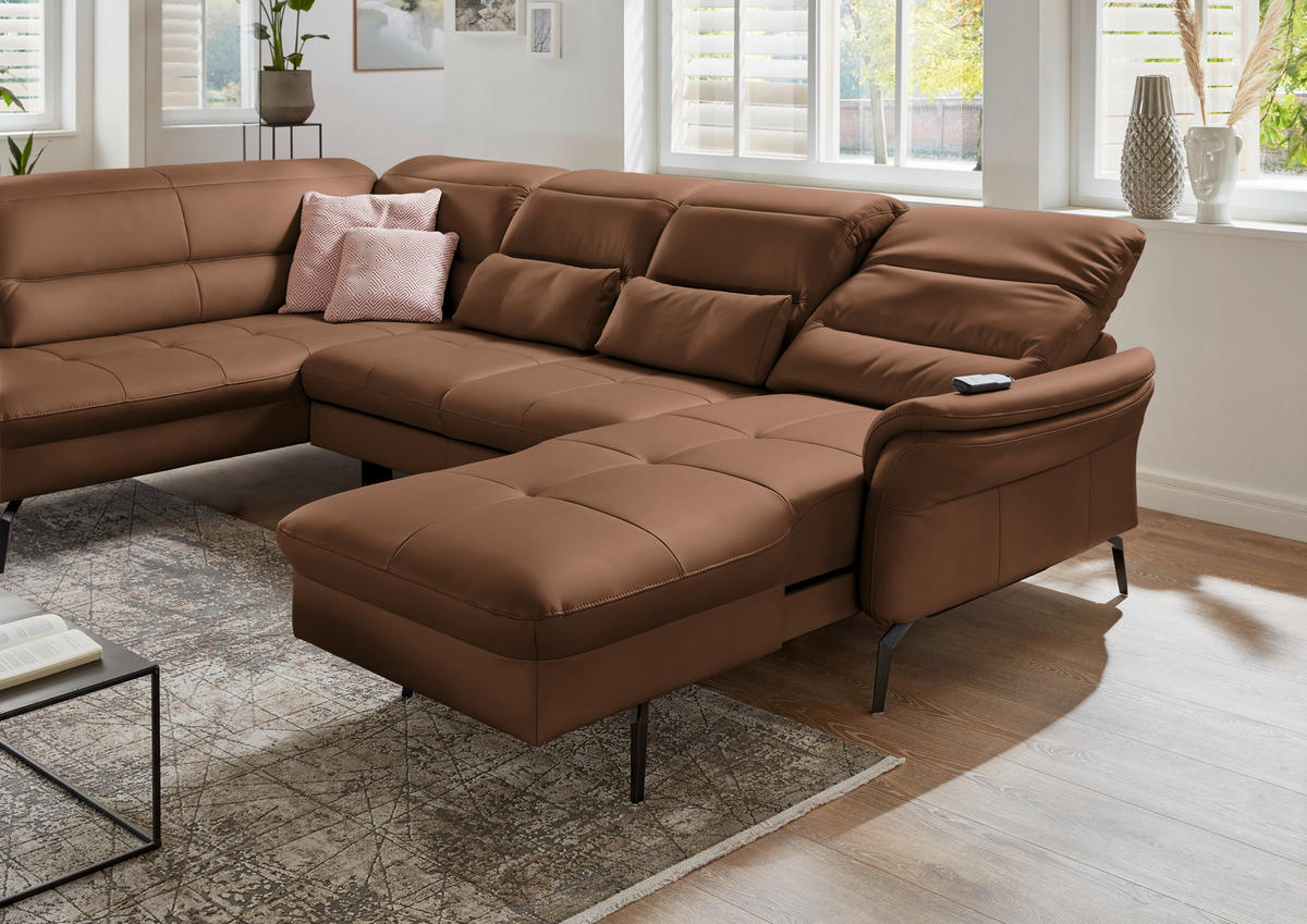 WOHNLANDSCHAFT in Echtleder Braun  - Schwarz/Braun, Design, Leder/Metall (206/336/181cm) - Beldomo Speed