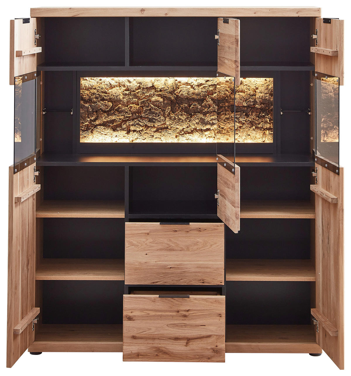 HIGHBOARD Schwarz, Wildeiche  122/144/42 cm  - Wildeiche/Schwarz, Natur, Glas/Holz (122/144/42cm) - Linea Natura
