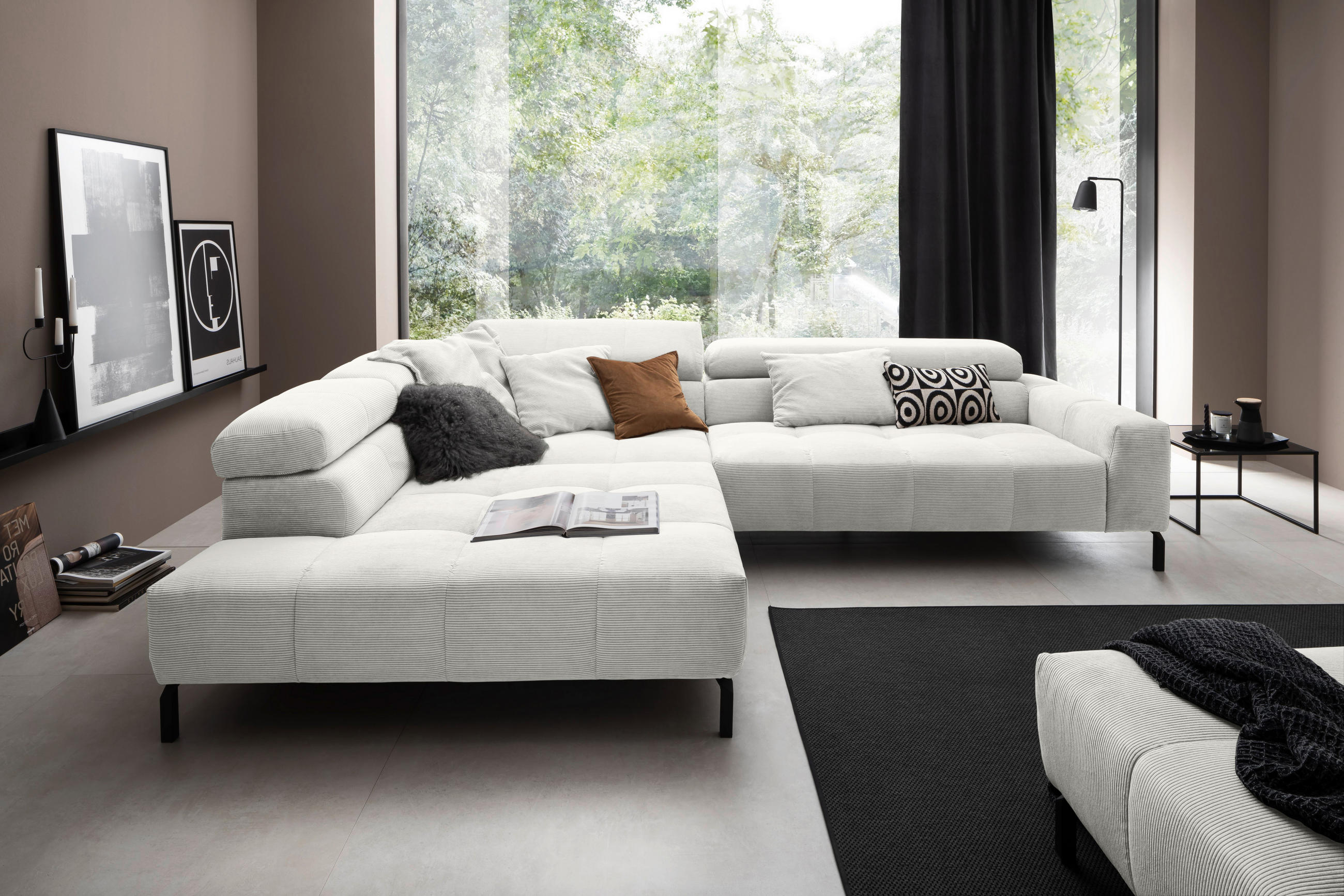 ECKSOFA Weiß Cord  - Schwarz/Weiß, KONVENTIONELL, Textil/Metall (219/311cm) - Hom`in