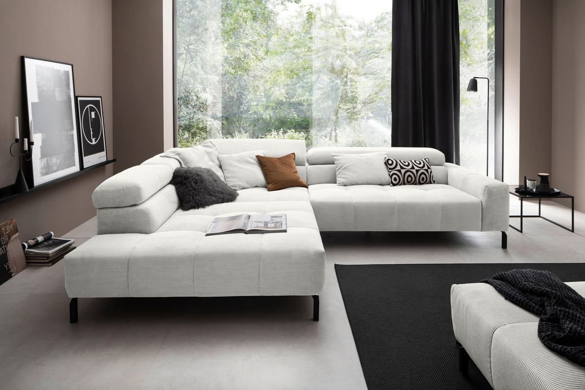 ECKSOFA in Cord Weiss  - Weiss/Schwarz, Konventionell, Textil/Metall (219/311cm) - Hom`in