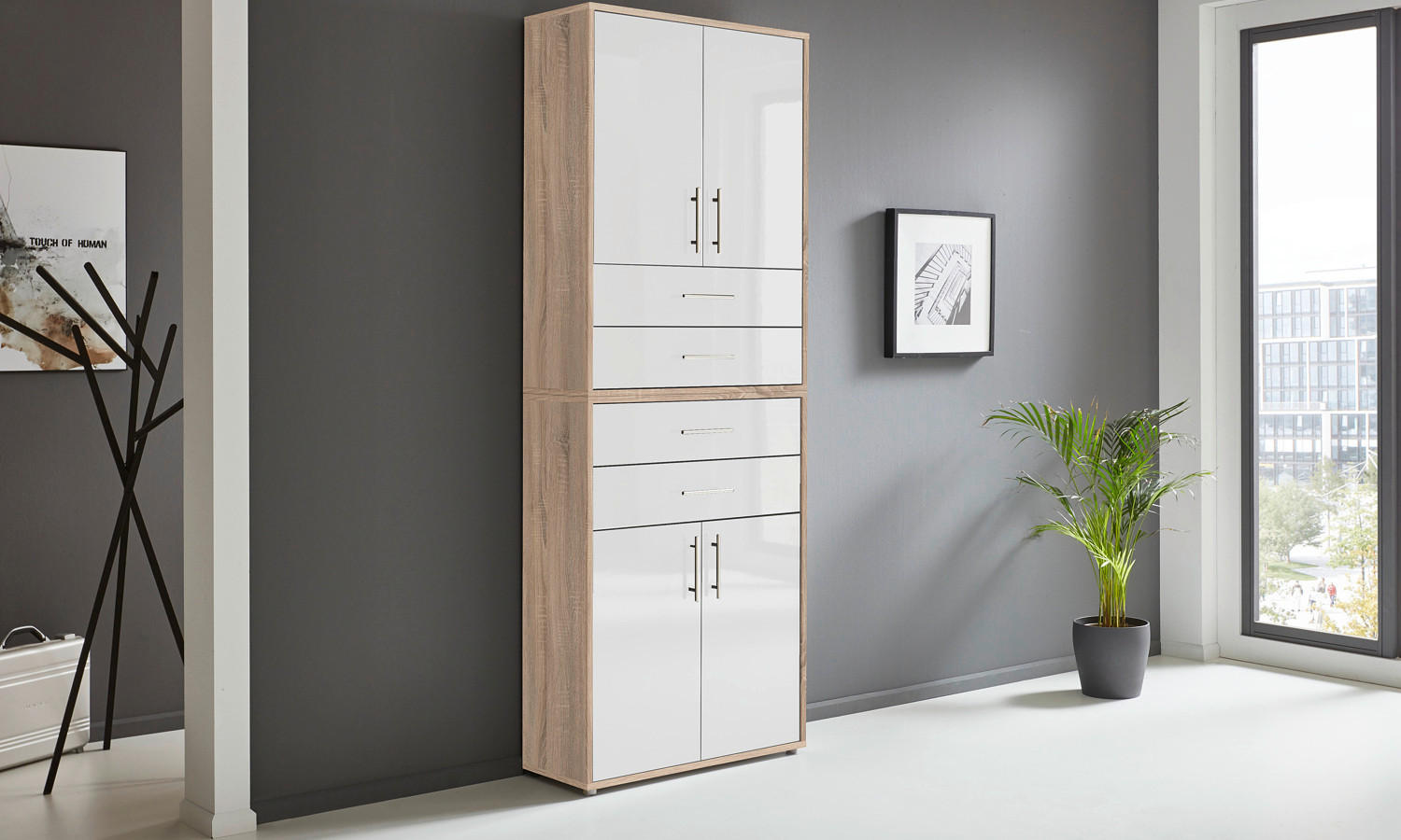 AKTENSCHRANK Sonoma Eiche, Weiß Hochglanz  - Weiß Hochglanz/Sonoma Eiche, MODERN, Holzwerkstoff (84,4/227,2/33cm) - MID.YOU
